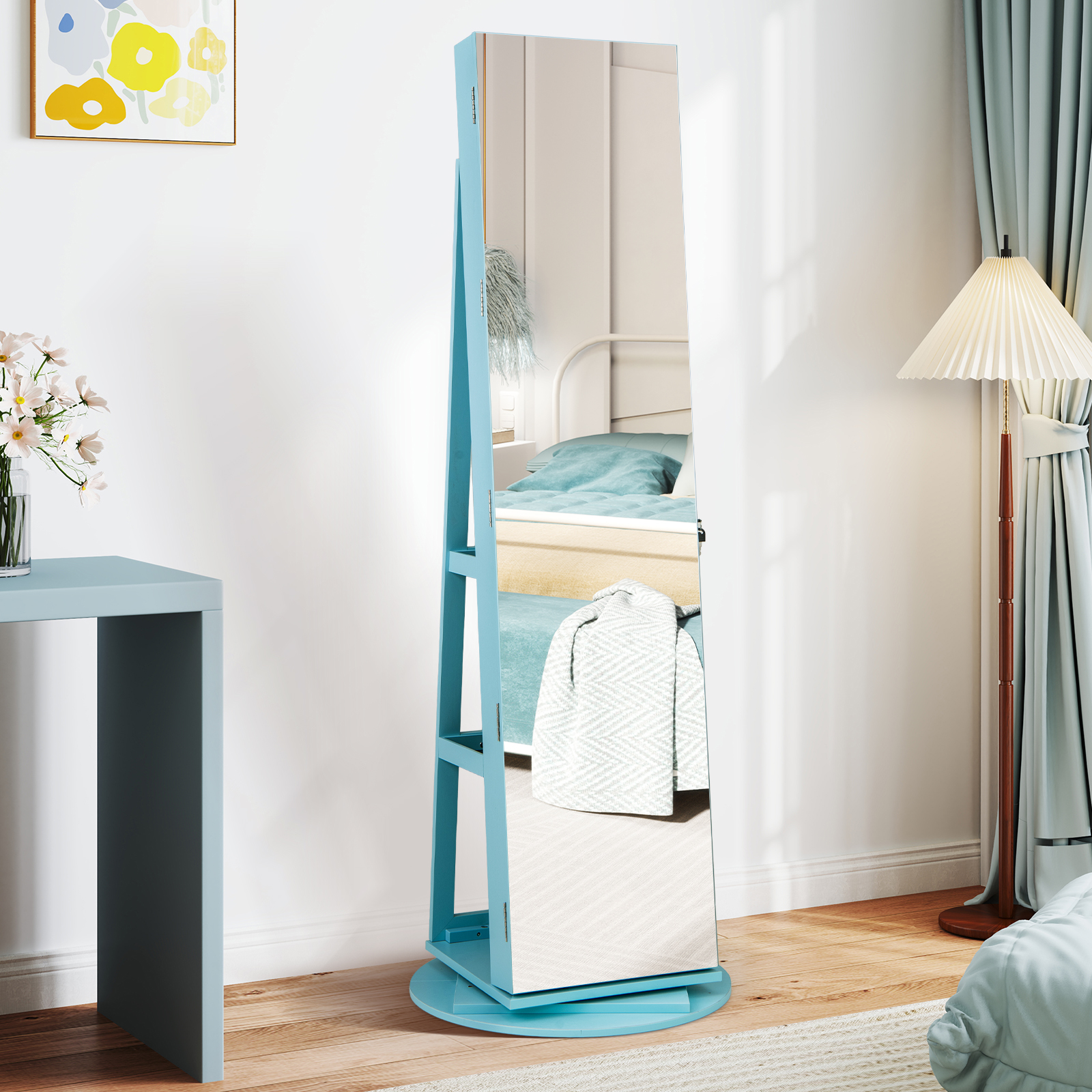 360° Drehbarer Schmuckschrank mit Dreifarbigen LED-Leuchten Freistehender Spiegelschrank Blau