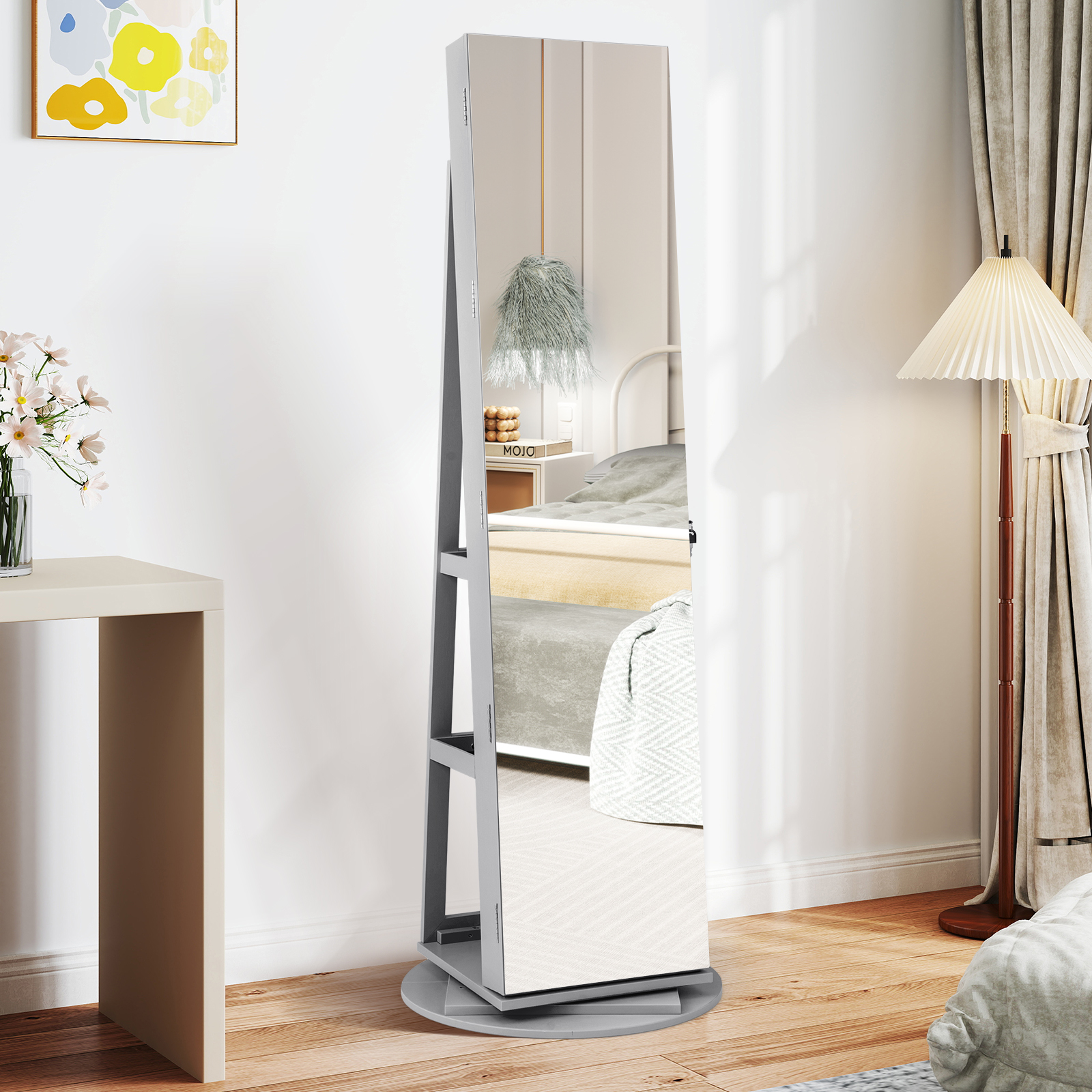 360° Drehbarer Schmuckschrank mit Dreifarbigen LED-Leuchten Freistehender Spiegelschrank Grau