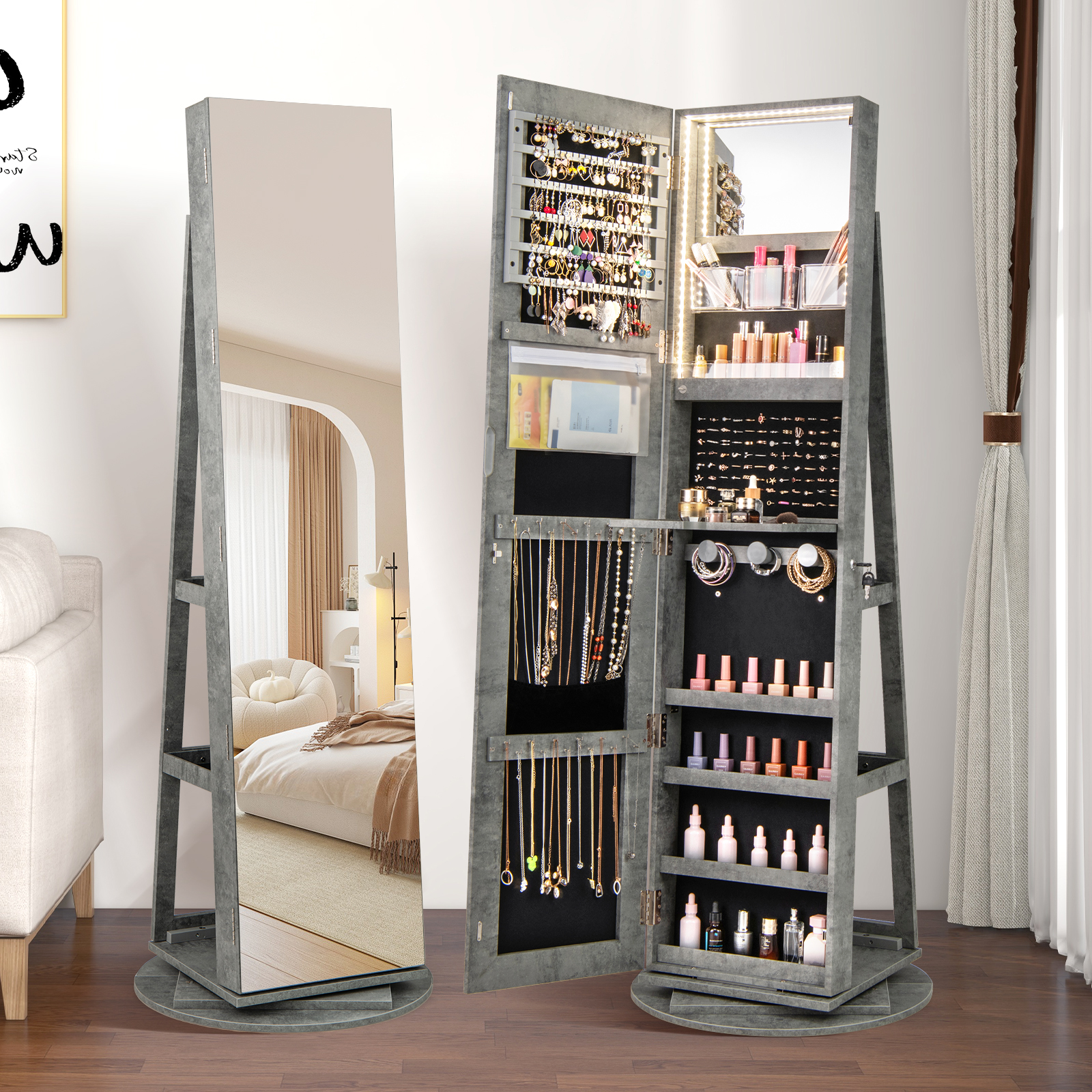 360° Drehbarer Schmuckschrank mit Dreifarbigen LED-Leuchten Freistehender Spiegelschrank Grün