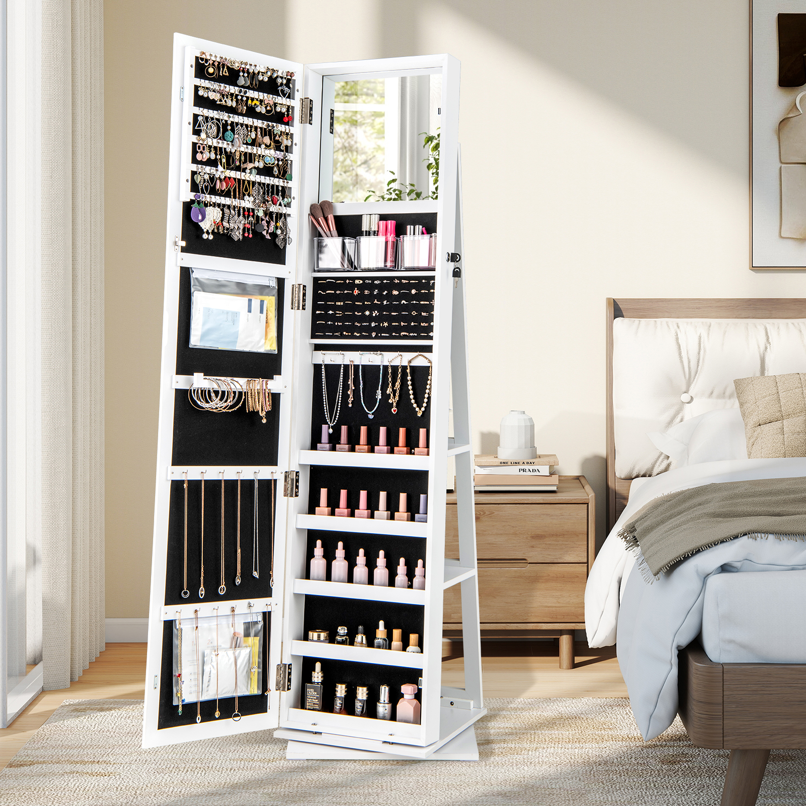 360° Drehbarer Schmuckschrank mit Ganzkörperspiegel Schmuckorganisator Weiß