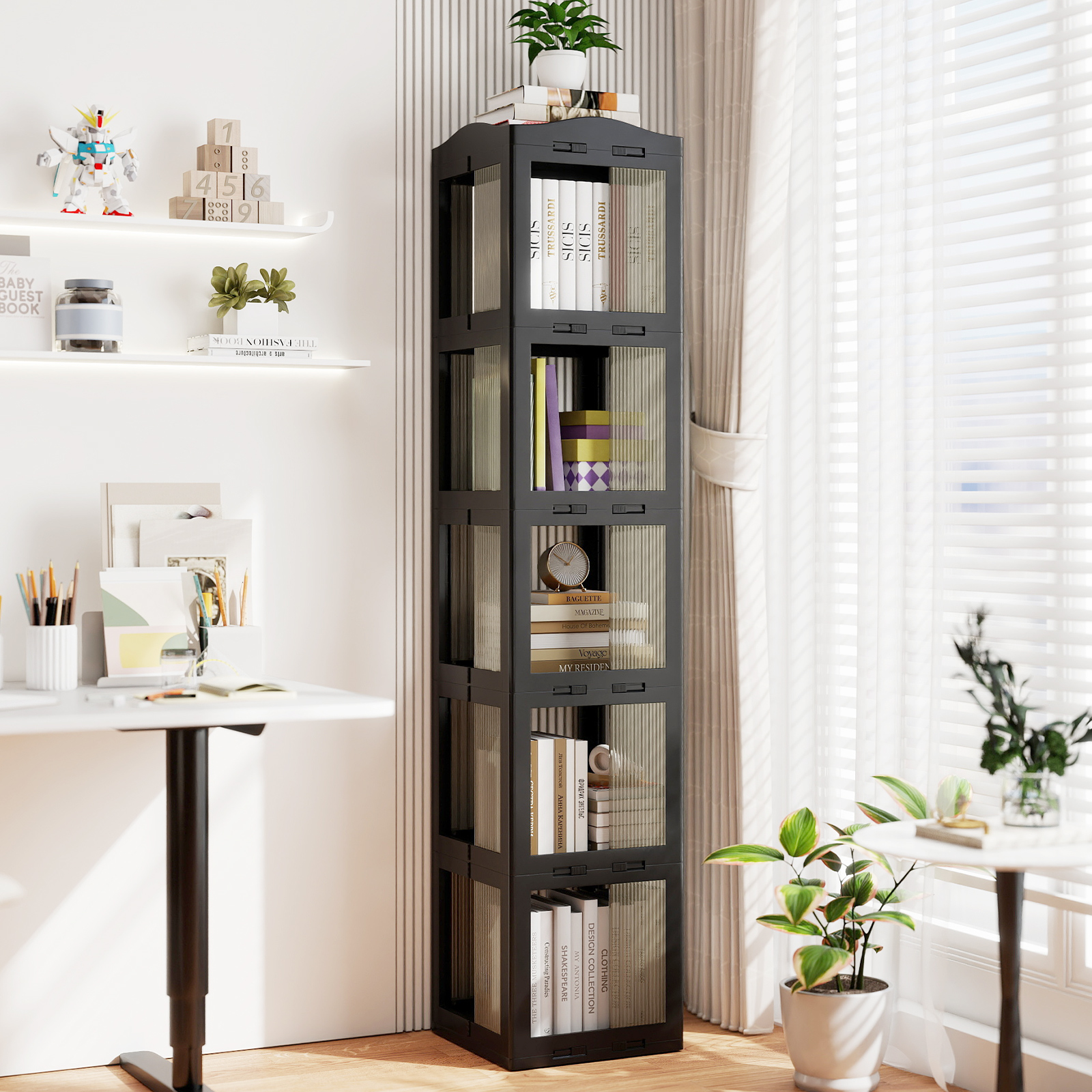 360° Drehbares Bücherregal Klappbares Standregal Transparenter Büroregal 36,5 x 36 x 174 cm Schwarz