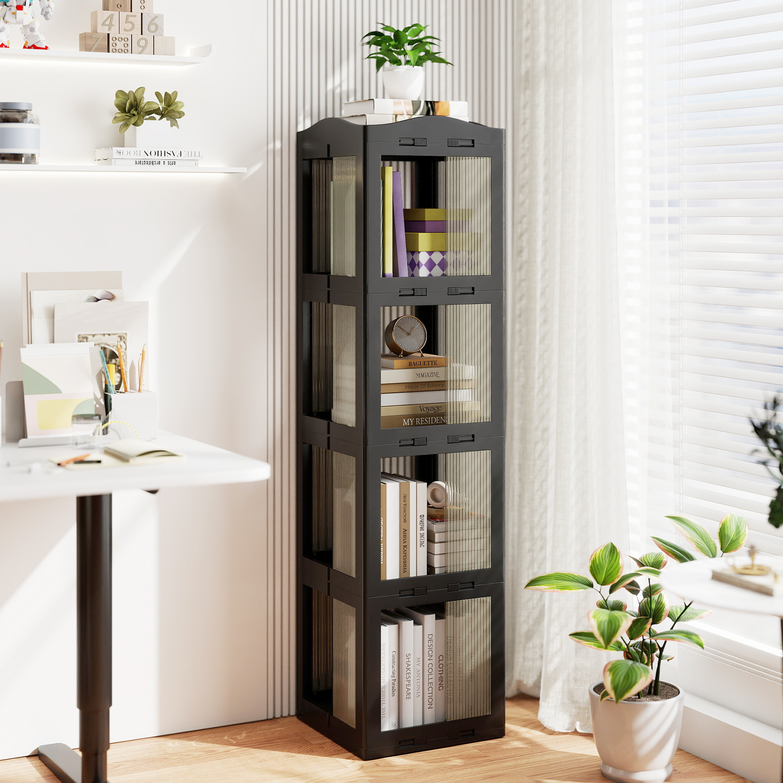 360° Drehbares Bücherregal Klappbares Standregal Transparenter Büroregal 36,5 x 36 x 141,5 cm Schwarz