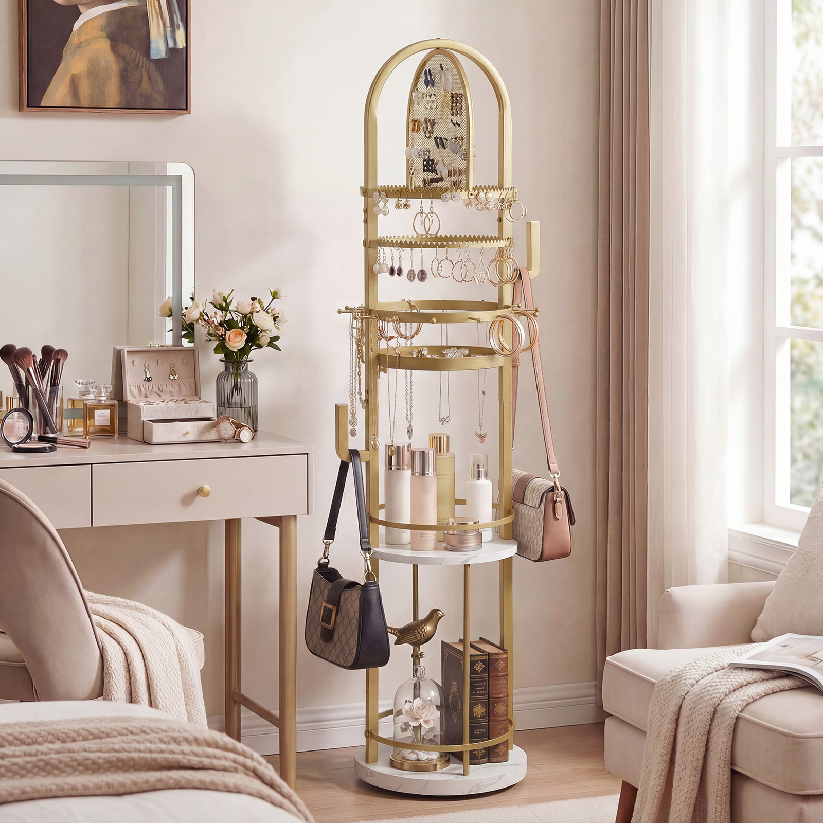 360° Drehbares Schmuckständer mit Ohrring- & Halskettenhaltern & 3 Regalen & Kettenständer Gold + Weiß