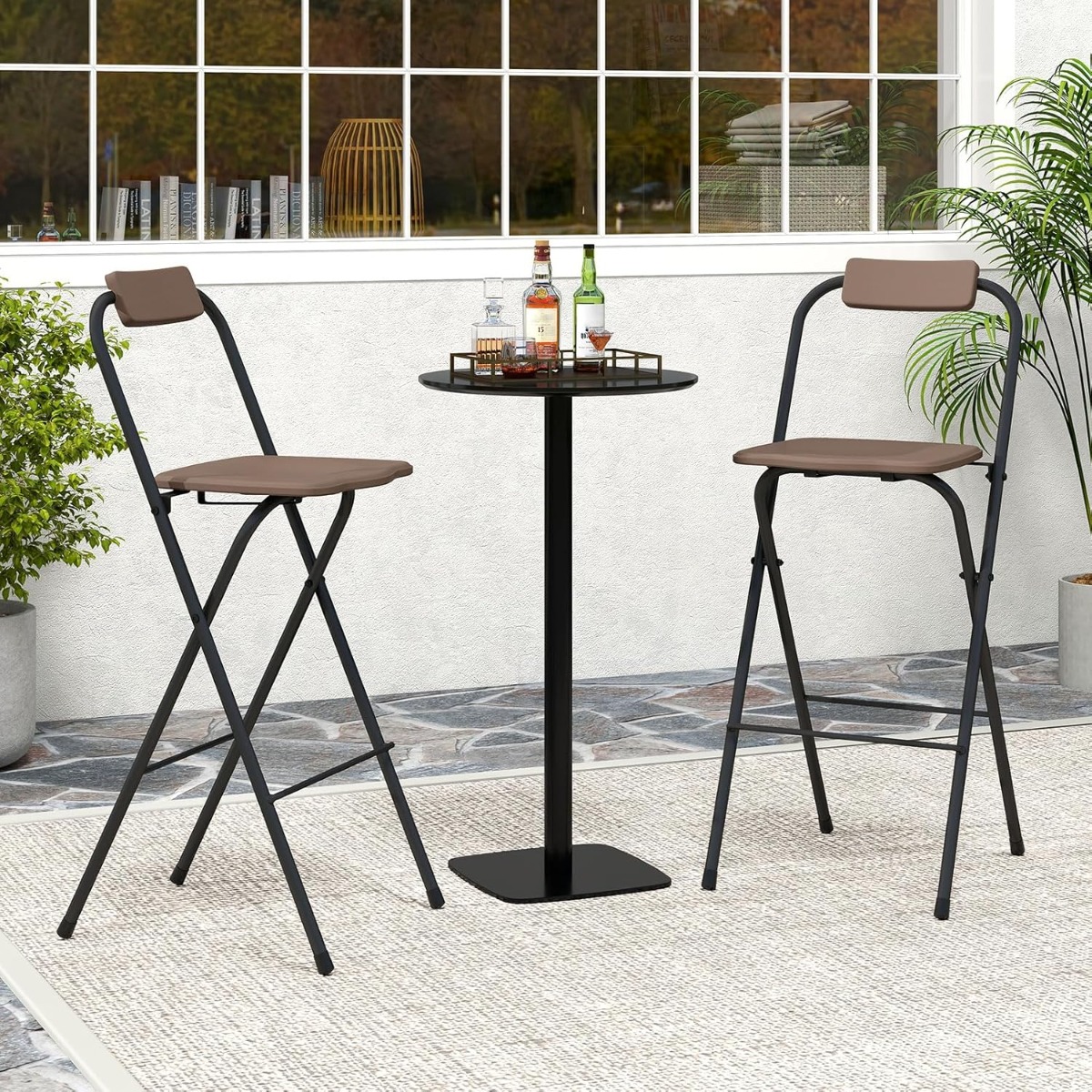 2er Set Barhocker mit Rückenlehne & Fußstütze Klappbare Barstühle bis zu 150 kg Belastbar Braun