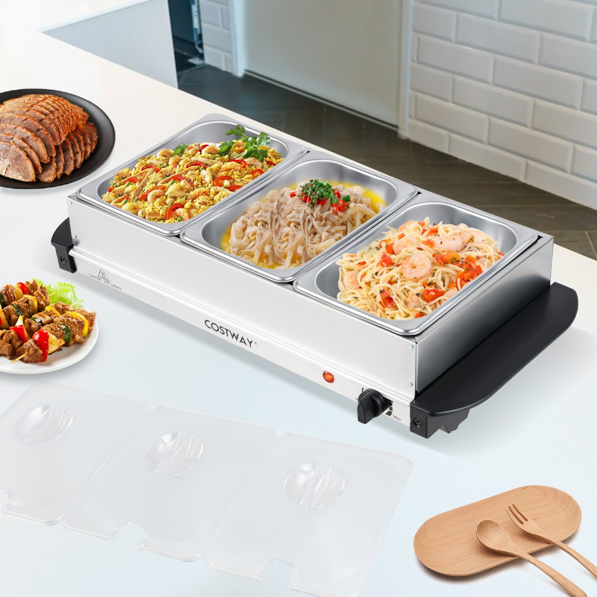 Elektrische Warmhalteplatte mit 3 Abnehmbaren Schalen Edelstahl Speisewärmer Buffetwärmer