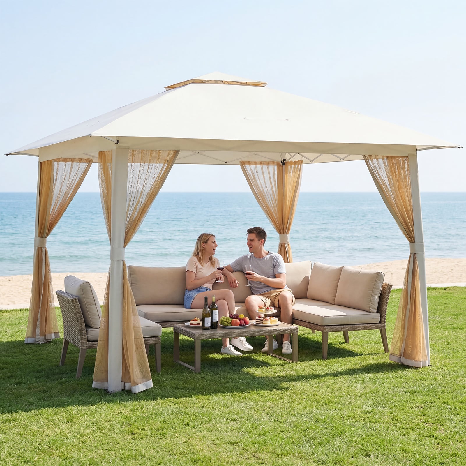4 x 4 m Pop Up Faltpavillon mit 4 Moskitonetz & Doppeldach Gartenpavillon inkl. Tragetasche Beige