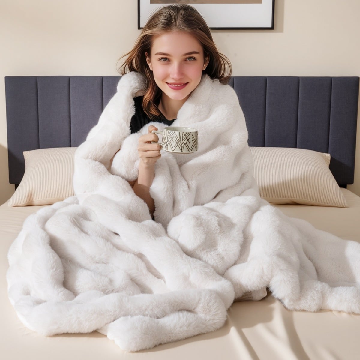 Luxuriöse Kunstpelz-Decke Flauschige Plüsch Kaninchenfell Blasen Decke Beige 178 x 203 cm