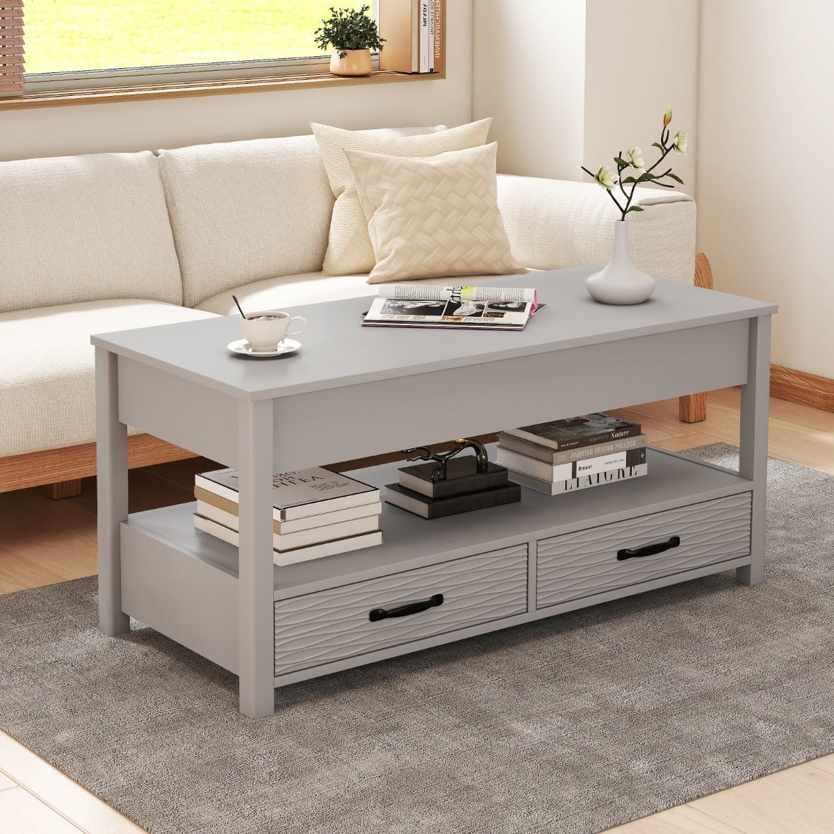 Höhenverstellbarer Couchtisch mit Anhebbarer Tischplatte & 2 Schubladen Sofatisch Kafeetisch