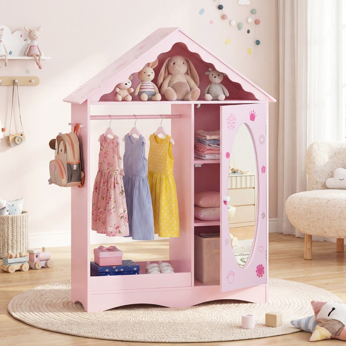 Kinderkleiderschrank mit Spiegel Dachförmiger Kleiderschrank mit offener Kleiderstange Rosa/Weiß (Rosa)