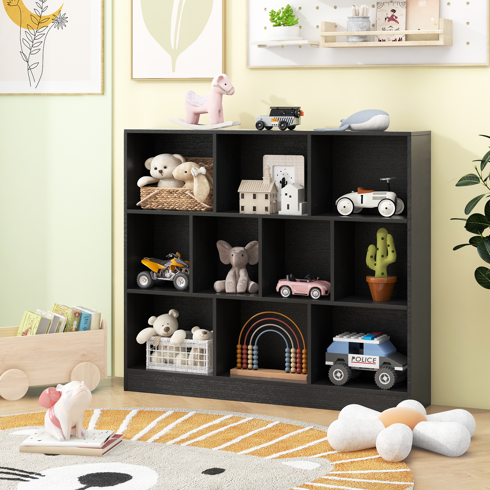 3 Ebenen Bücherregal mit 10 Fächern Standregal Würfelregal Büroregal 120 x 24 x 104 cm Schwarz