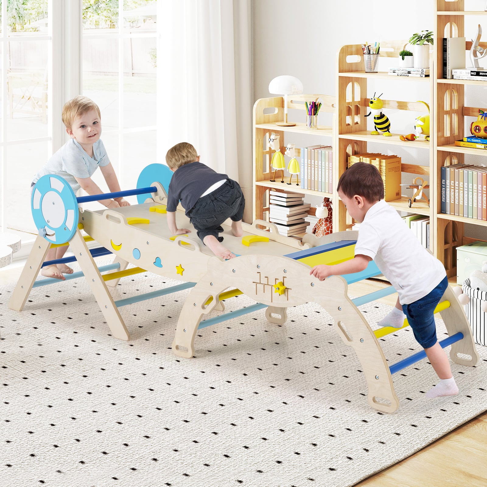 3er Set Klettergerüst mit Rutsche & Kletterbogen & Baustein Set Klappabres Kletterdreieck Blau