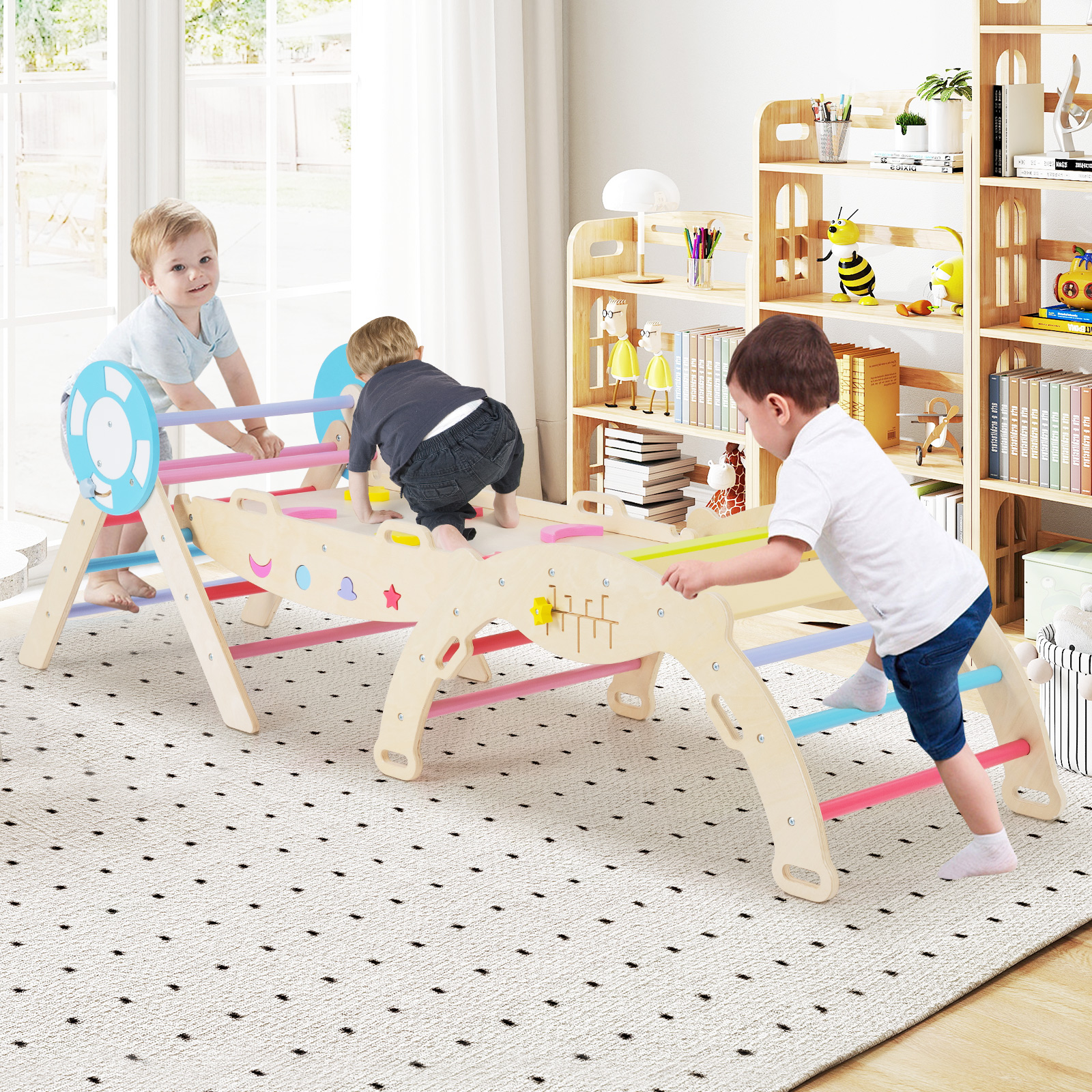 3er Set Klettergerüst mit Rutsche & Kletterbogen & Baustein Set Klappabres Kletterdreieck Mehrfarbig