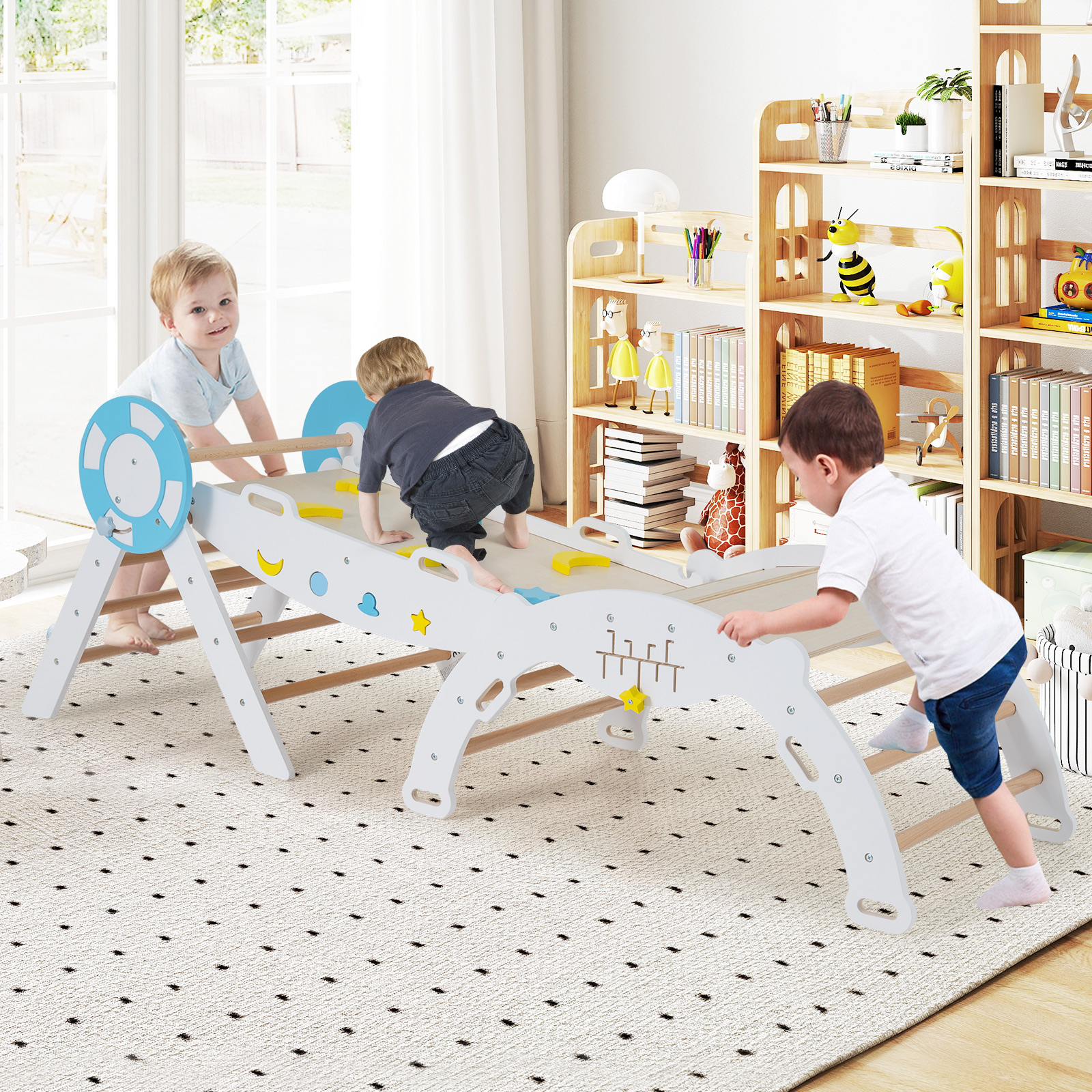 3er Set Klettergerüst mit Rutsche & Kletterbogen & Baustein Set Klappabres Kletterdreieck Weiß