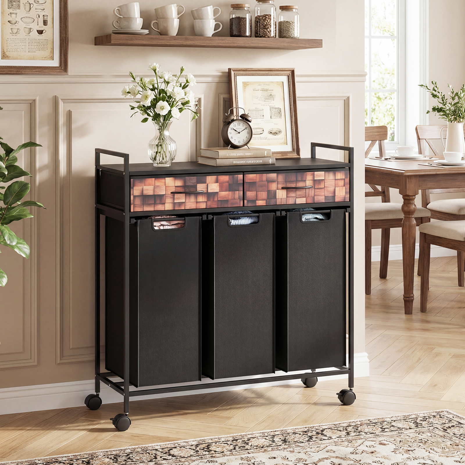 3 Fächer Wäschekorb 135L Rollbar Mit Schubladen Wäschesäcke Für Badezimmer Wohnzimmer Schwarz + Rustikal Braun