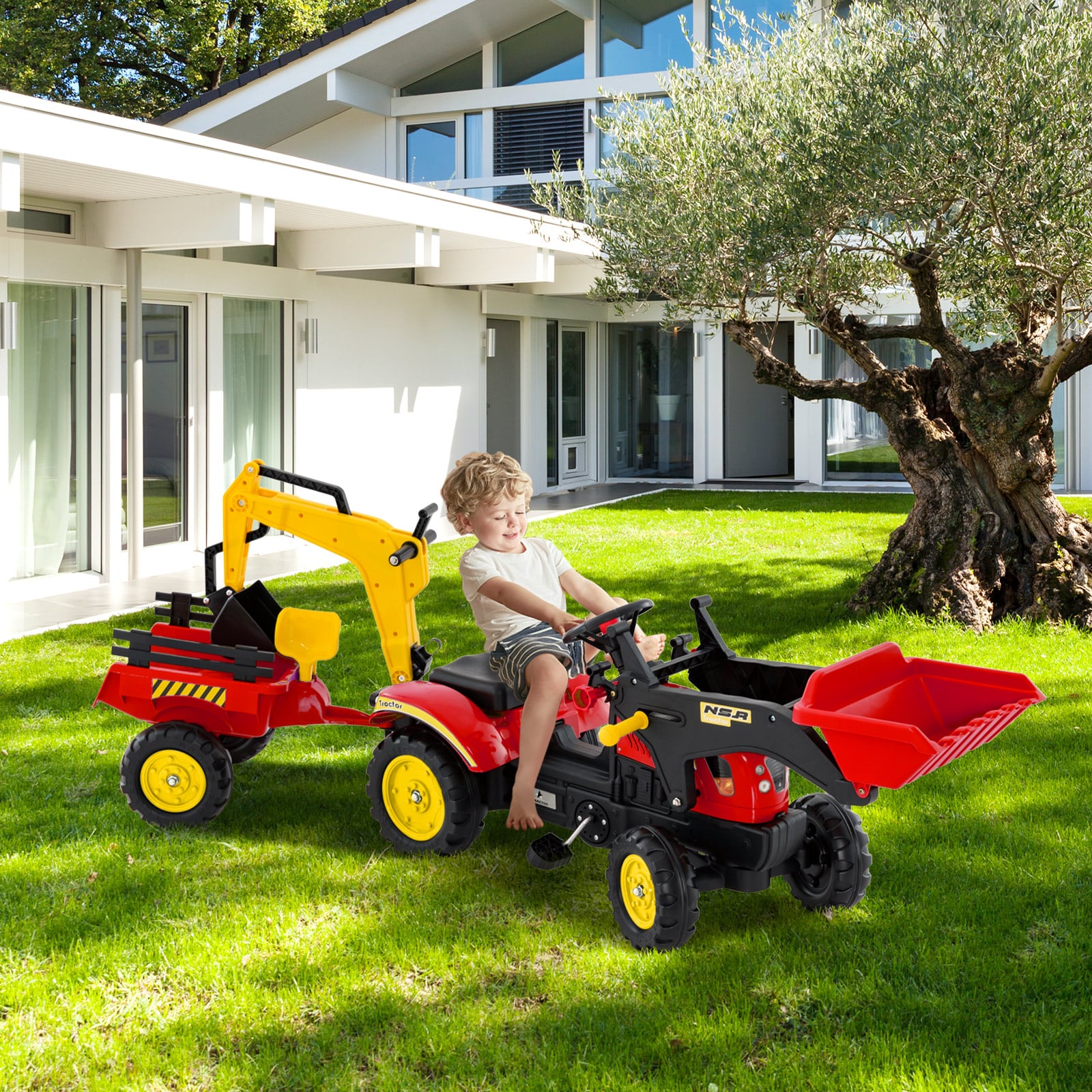3-in-1-Aufsitzbagger für Kinder Bulldozer mit 6 Rädern abnehmbarem Anhänger & Grabschaufel Spielzeugbagger Rot