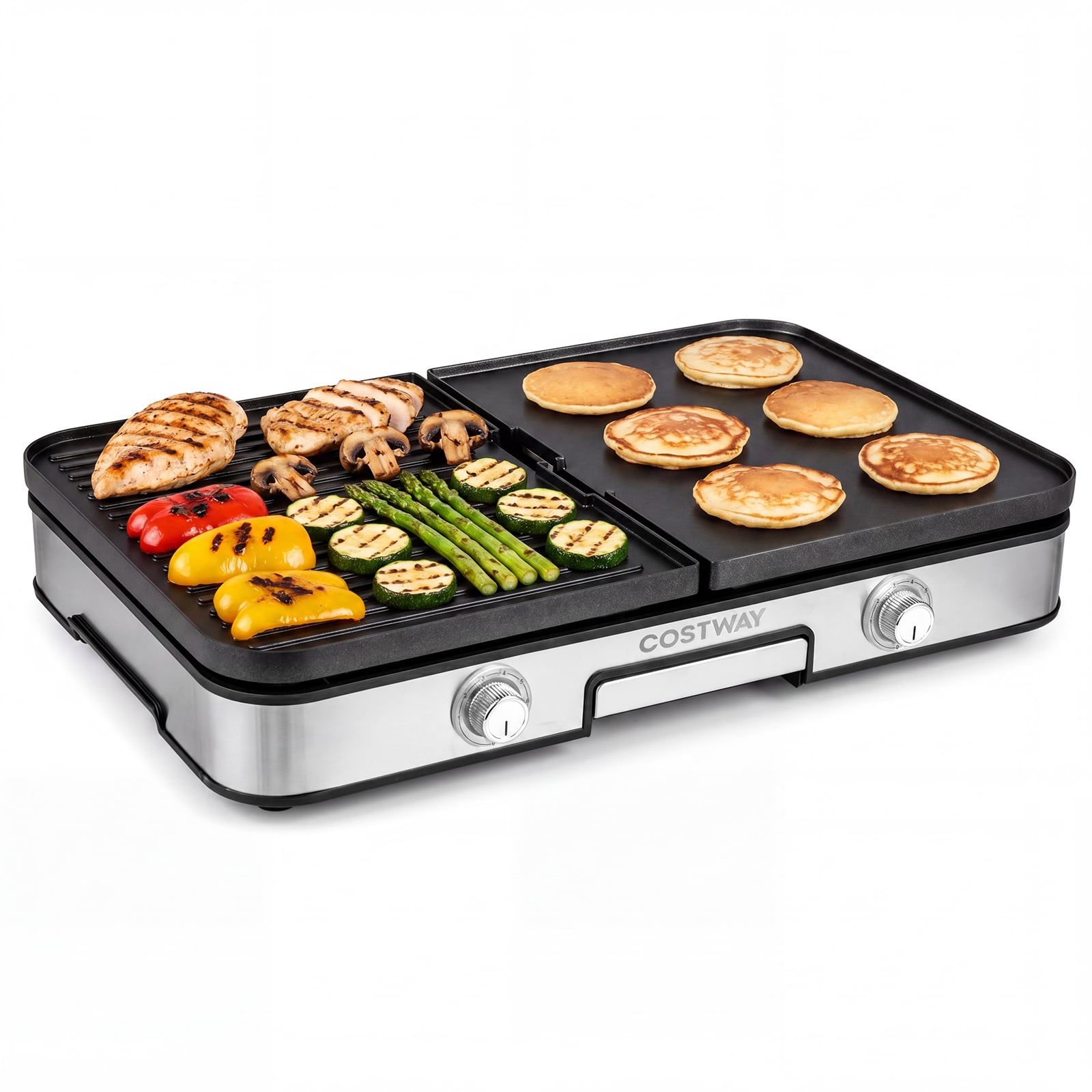 3-in-1 Elektrischer Tischgrill 2000W Elektrogrill mit 2 Separaten Heizzonen 6 Temperatureinstellungen