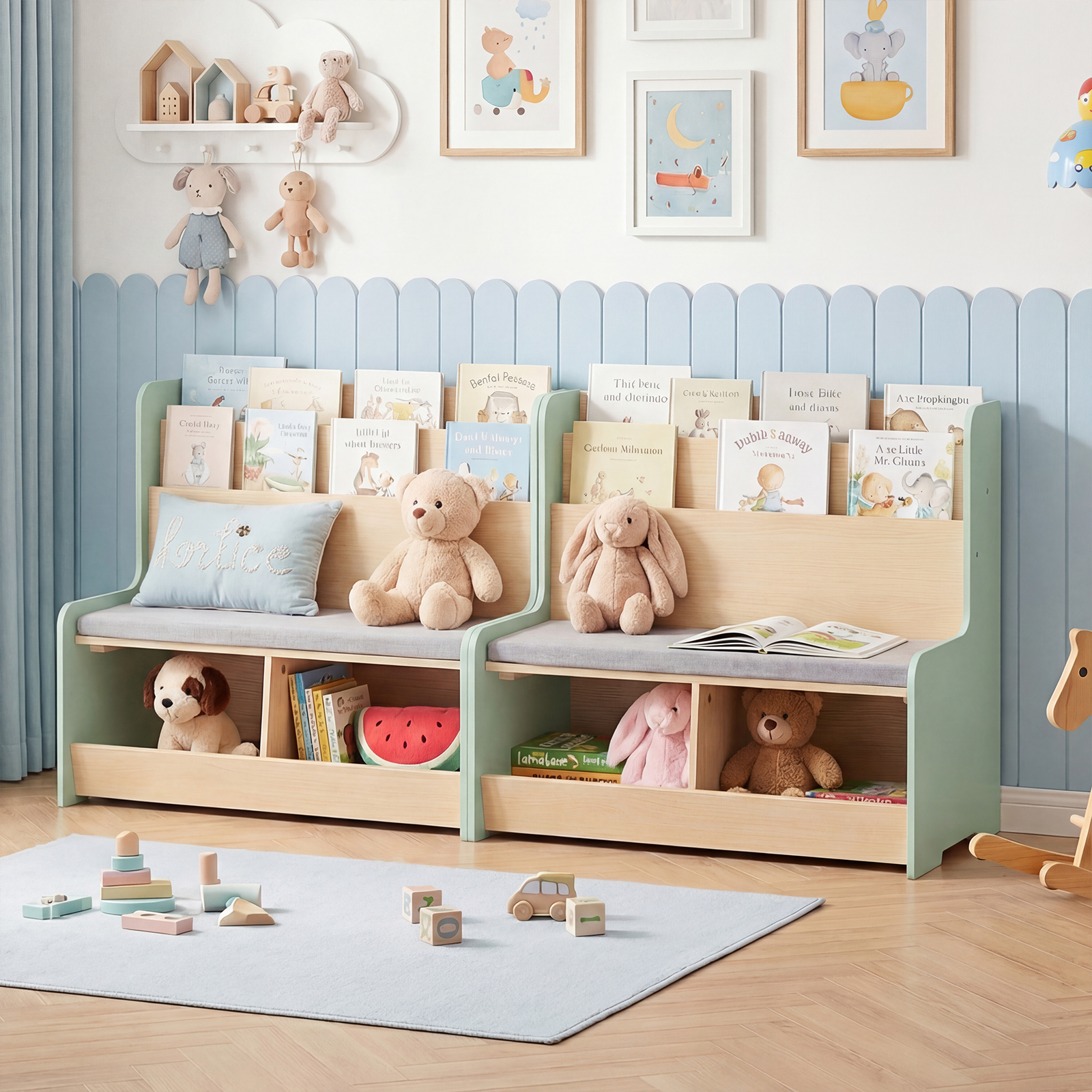 3 in 1 Kinder Bücherregal mit Sitzbank Kinderregal mit 2 Fächern & Gepolstertem Kissen Grün