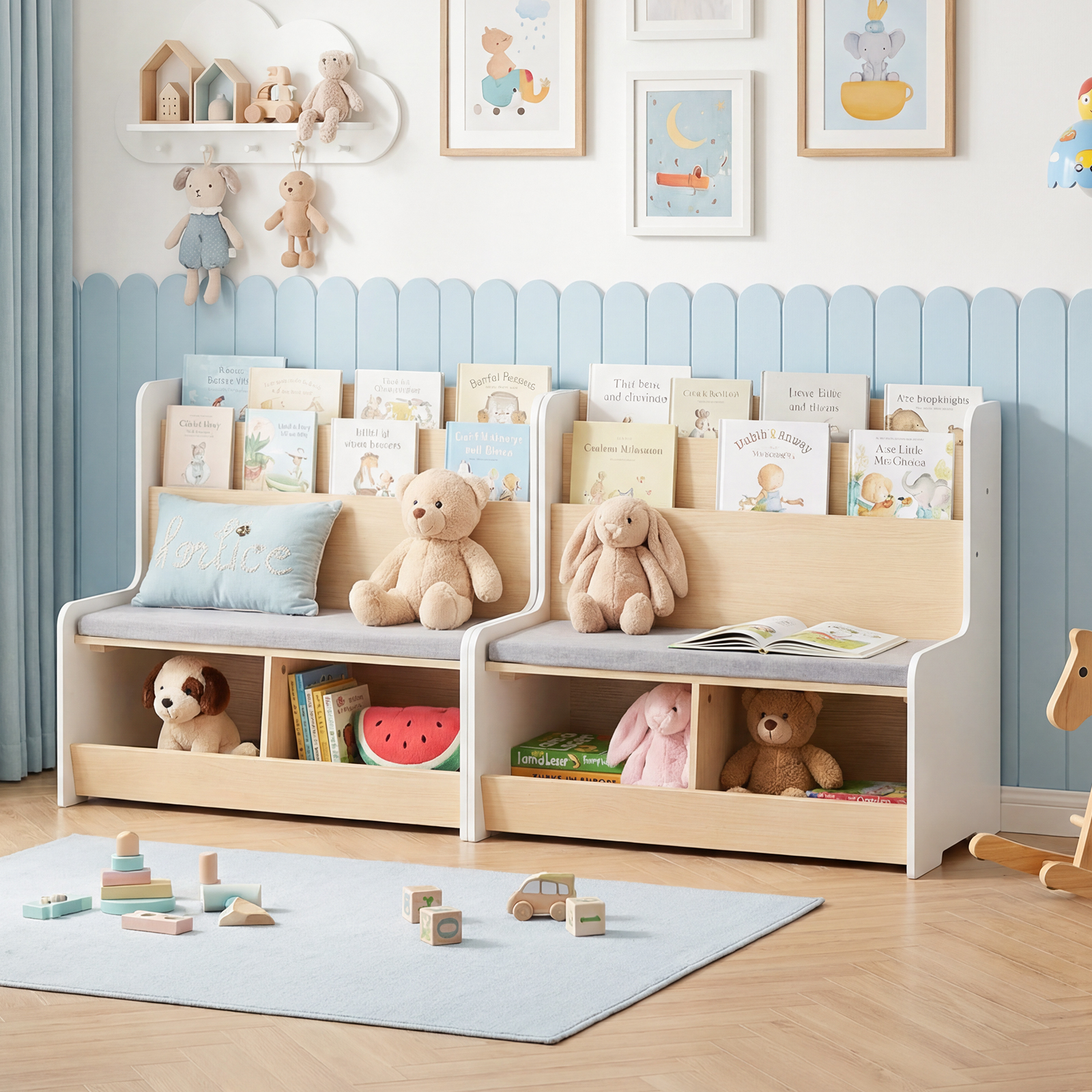 3 in 1 Kinder Bücherregal mit Sitzbank Kinderregal mit 2 Fächern & Gepolstertem Kissen Weiß