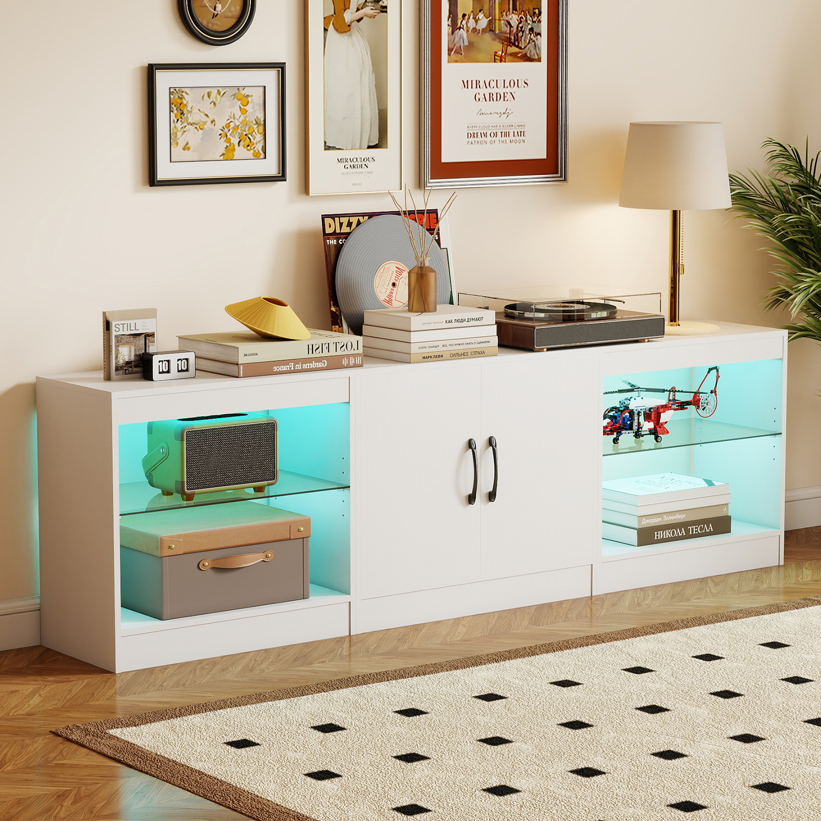 3 in 1 TV-Schrank für Fernseher bis zu 85 Zoll Lowboard mit LED Beleuchtung & Verstellbaren Glasregalen Weiß