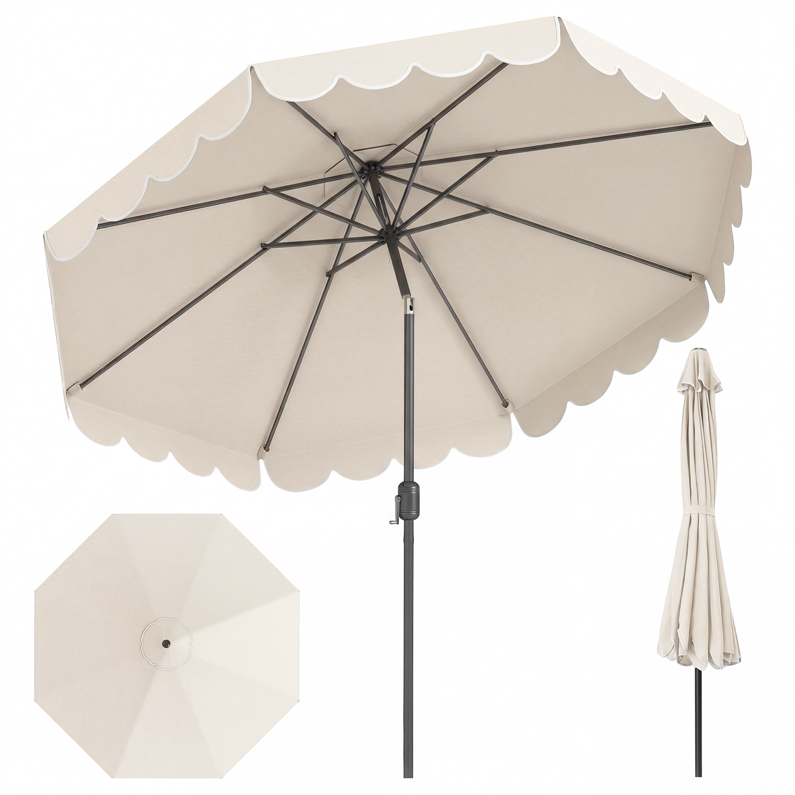 Ø300 cm Sonnenschirm mit Kurbel & Volant Gartenschirm Beidseitig um 30° Knickbar Beige