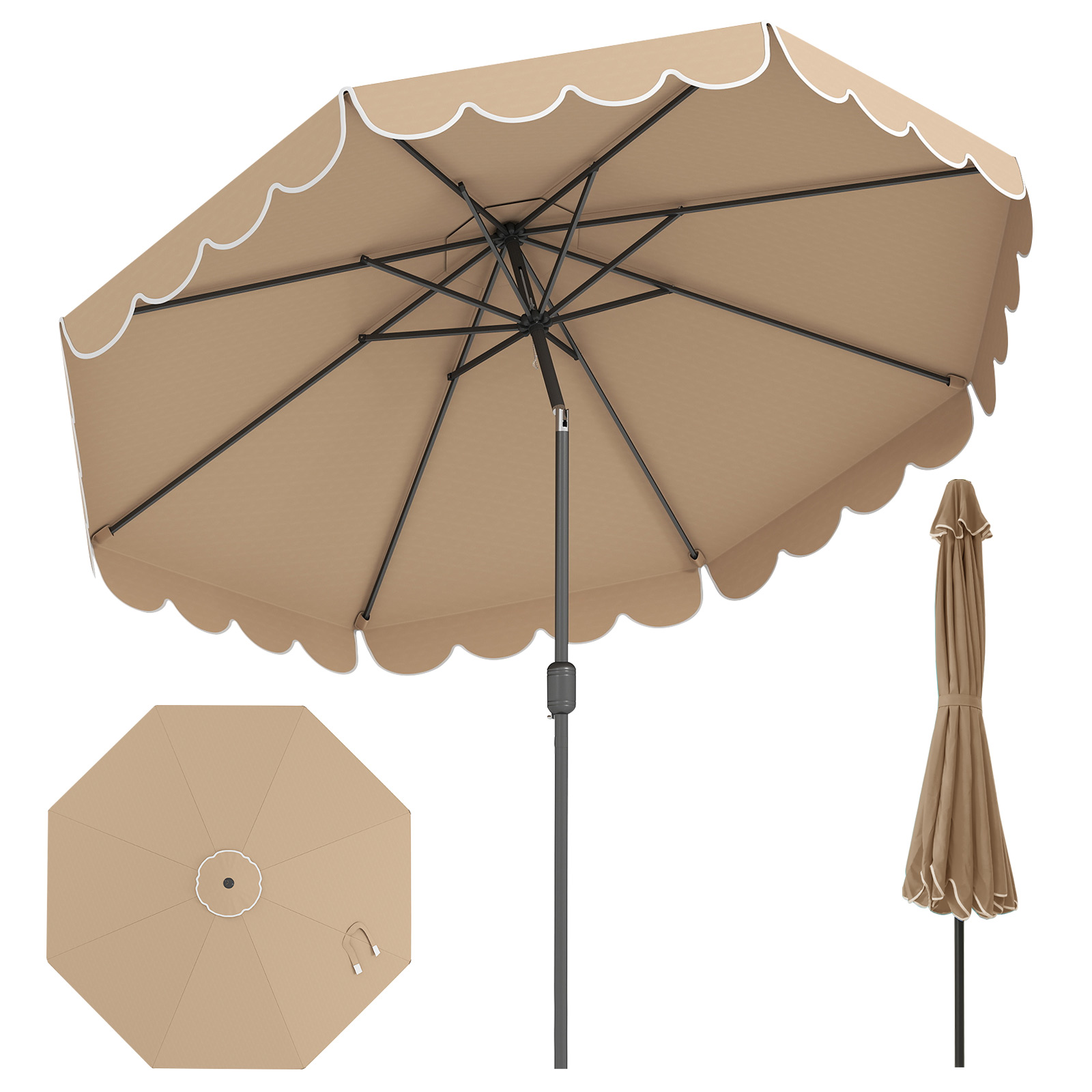 Ø300 cm Sonnenschirm mit Kurbel & Volant Gartenschirm Beidseitig um 30° Knickbar Braun