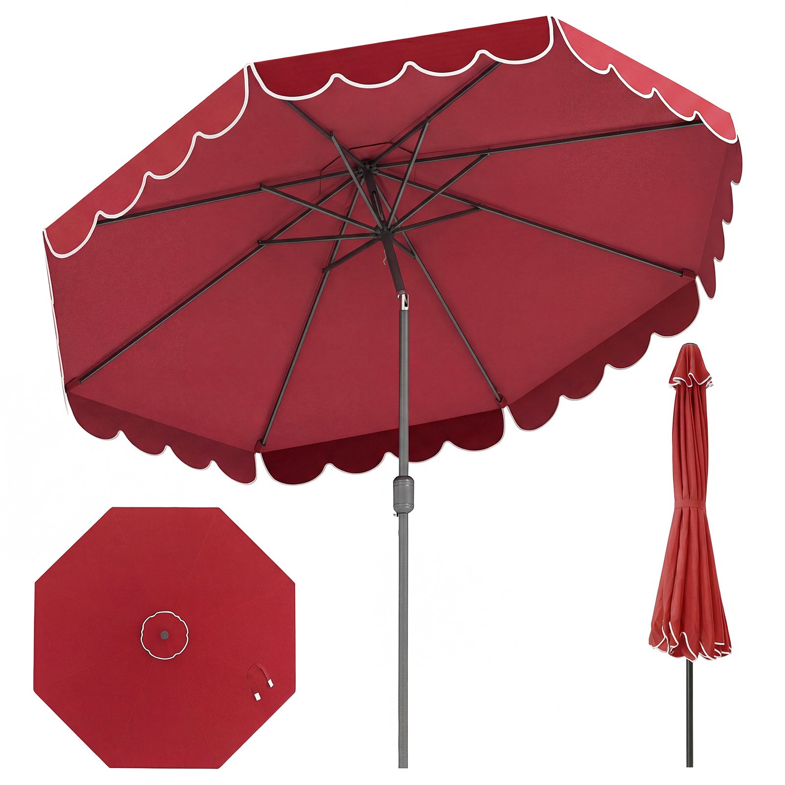 Ø300 cm Sonnenschirm mit Kurbel & Volant Gartenschirm Beidseitig um 30° Knickbar Rot