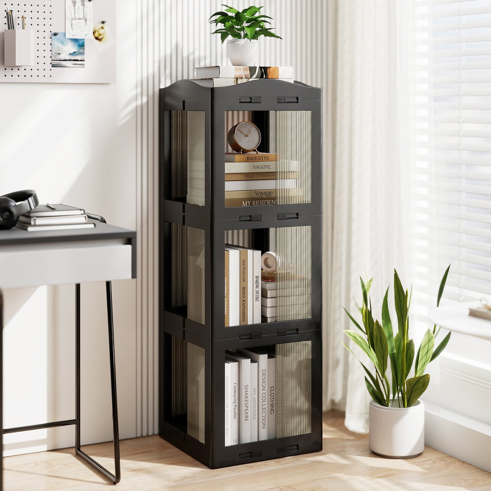 3-stöckiger Bücherregal 360° drehbares Standregal mit rutschfesten Fußpolster klappbares Aufbewahrungsregal Schwarz