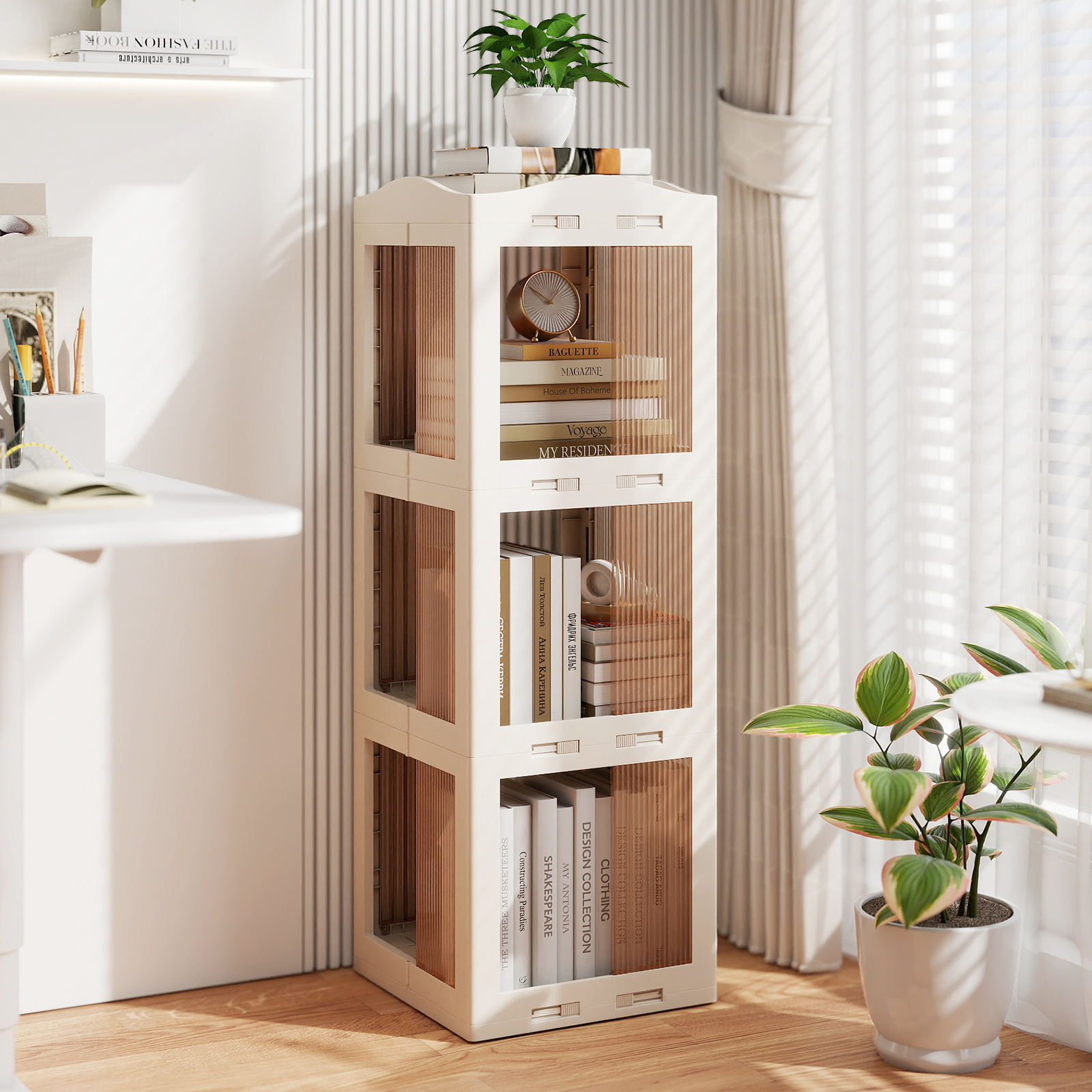 3-stöckiger Bücherregal 360° drehbares Standregal mit rutschfesten Fußpolster klappbares Aufbewahrungsregal Weiß