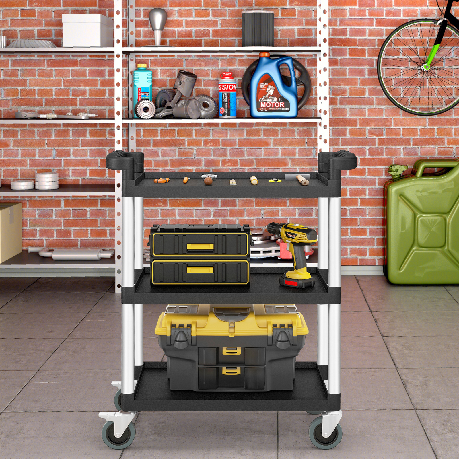 3-stufiger Servierwagen hochbelastbarer Transportwagen mit abschließbaren Rädern und Doppelgriffen Schwarz