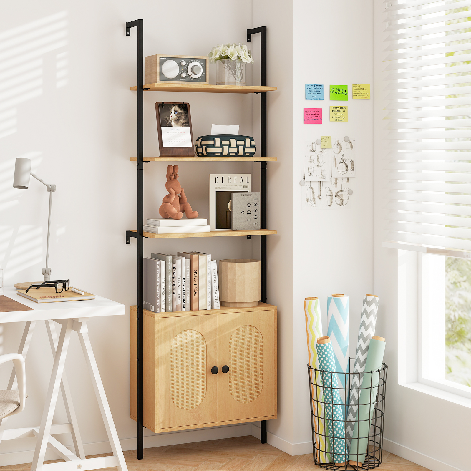 3-stufiges Bücherregal mit Rattan Schrank 184 cm Wandmontage Leiterregal Offener Präsentationsregal