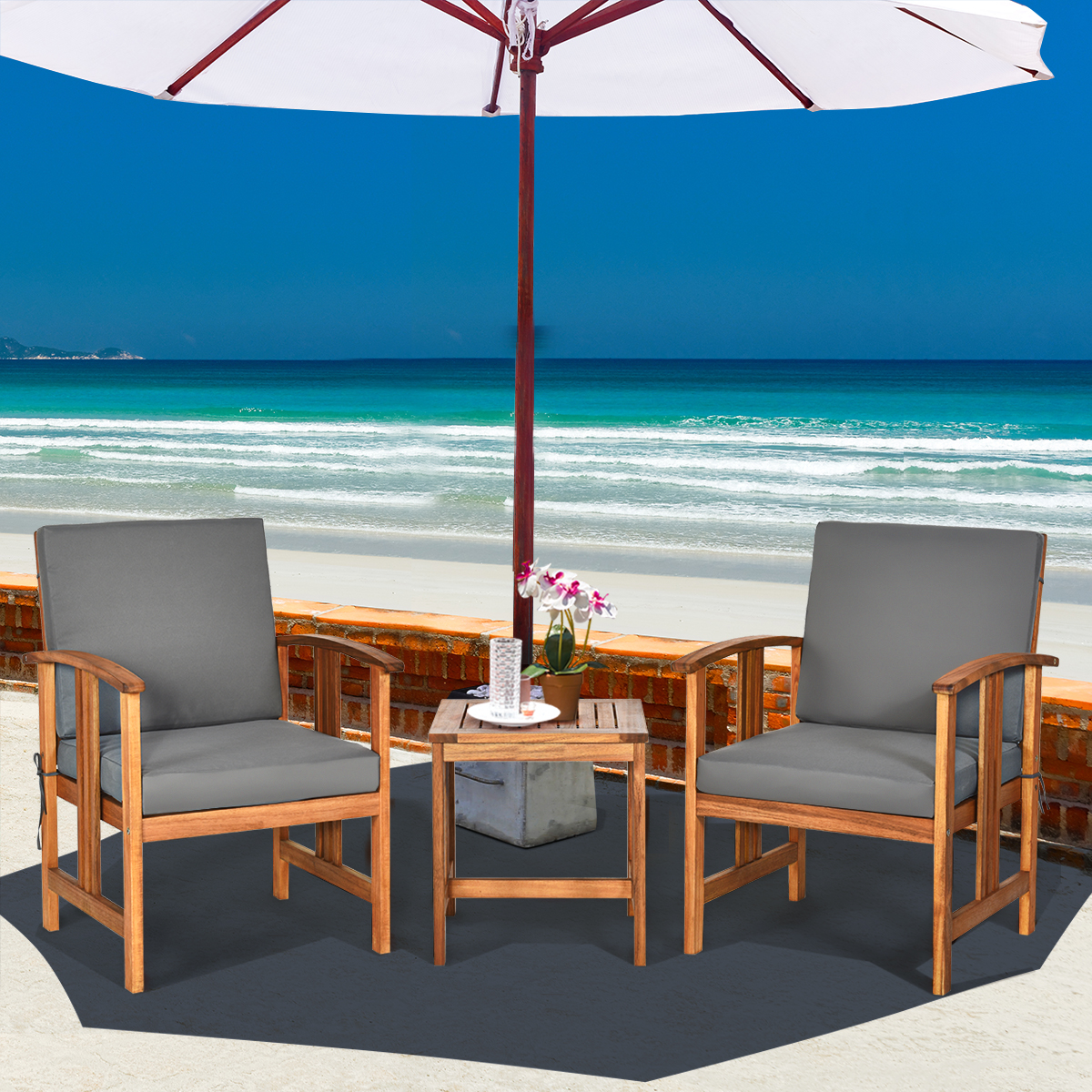 3-teiliges Akazienholz-Sofa-Set mit Kissen gepolstertes Sektionsgesprächs-Möbel-Set mit Couchtisch