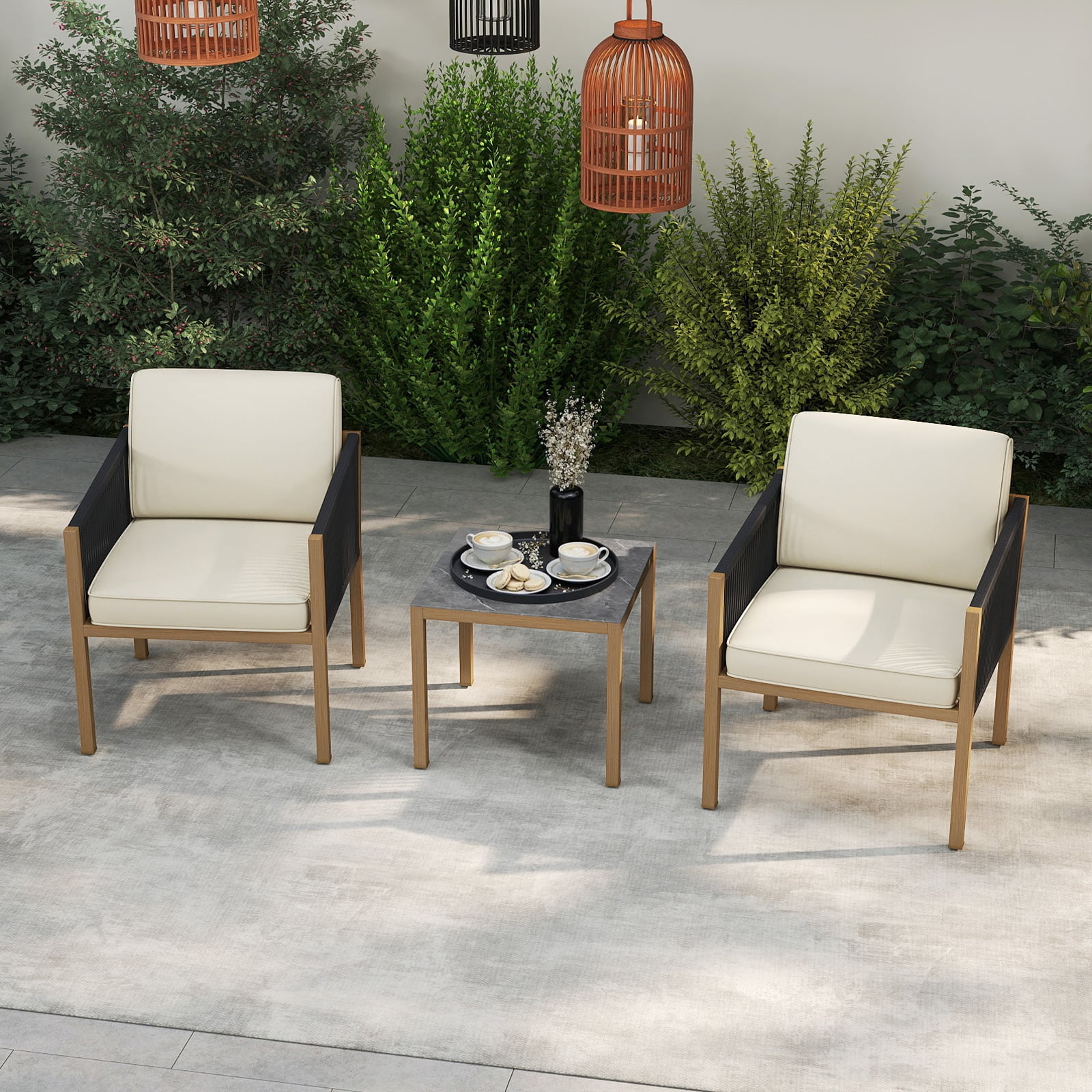 3 Teiliges Bistro Set Geflochtenes Seil Mit Kissen Für Balkon Terrasse Garten Beige