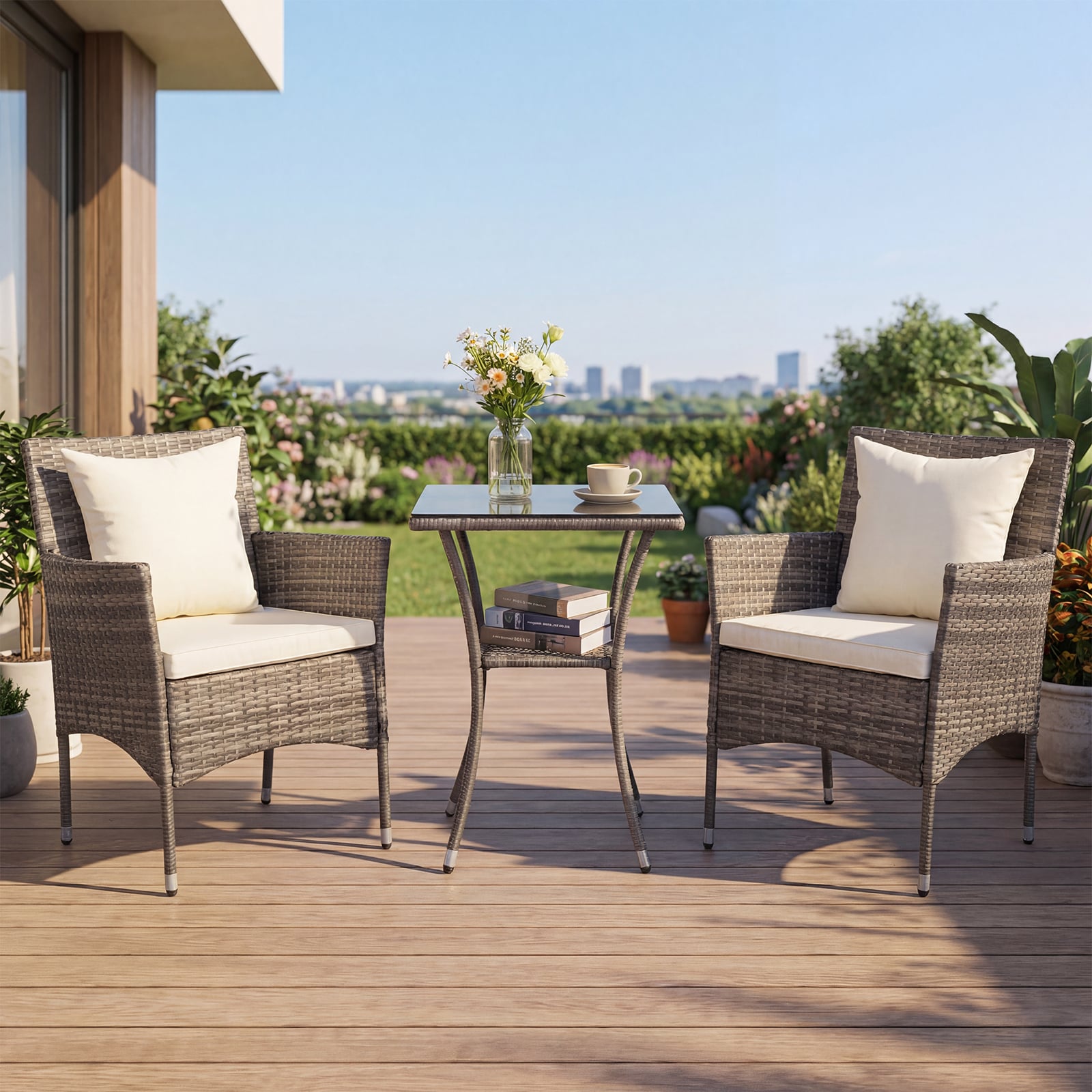 3-teiliges Gartenmöbel Set Balkon Set inkl. 2 Rattanstühle mit doppellagigem Tisch aus gehärtetem Glas Beige