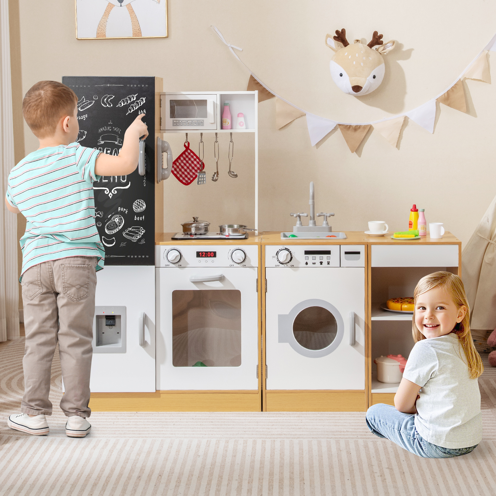 3-teiliges Kinder-Spielküchenset Holz Spielküche mit realistischen Geräuschen & Lichtern Natur + Weiß