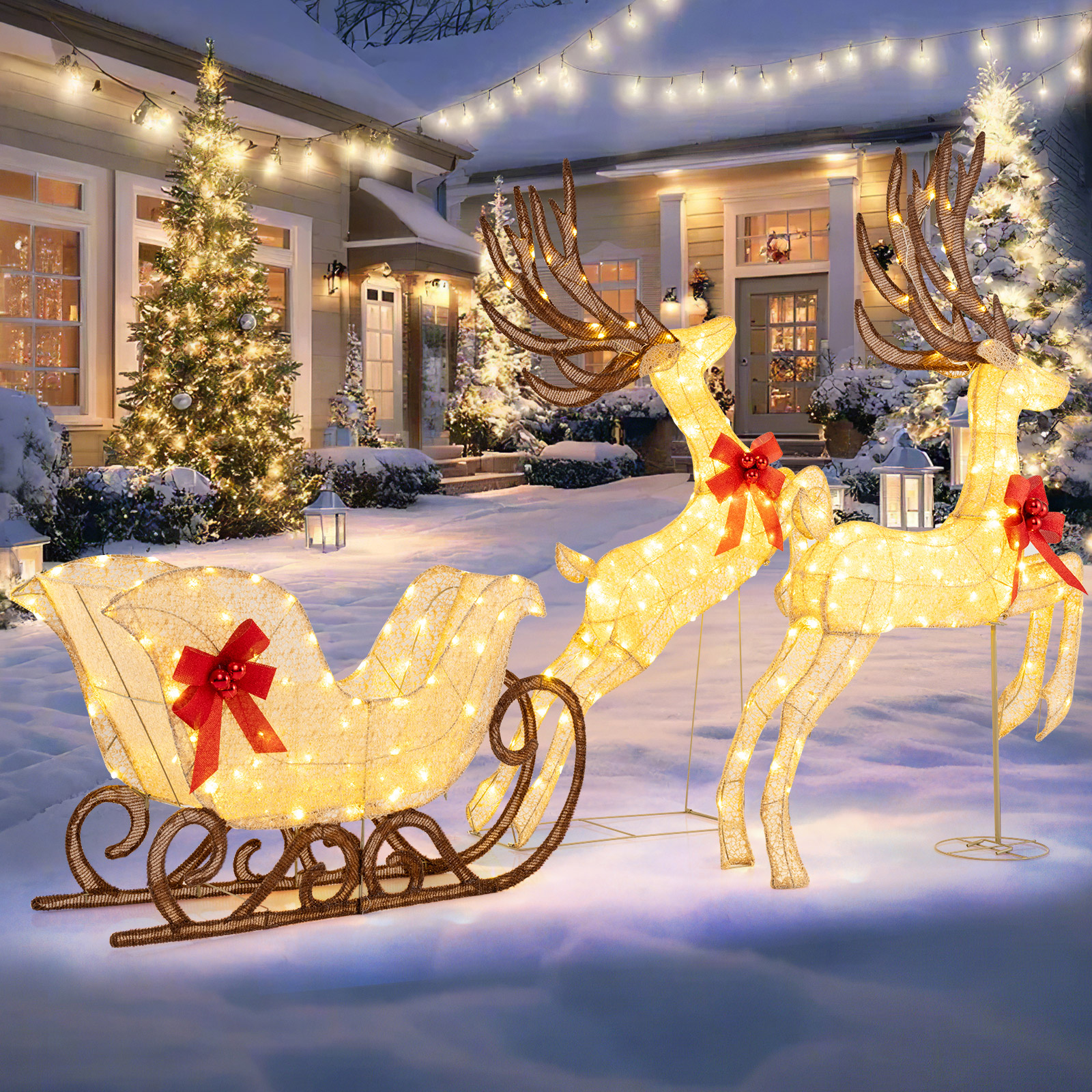 3-teiliges LED Rentier mit Schlitten Beleuchtete Rentier Weihnachtsfigur mit 280 Warmweißen LED-Lichtern