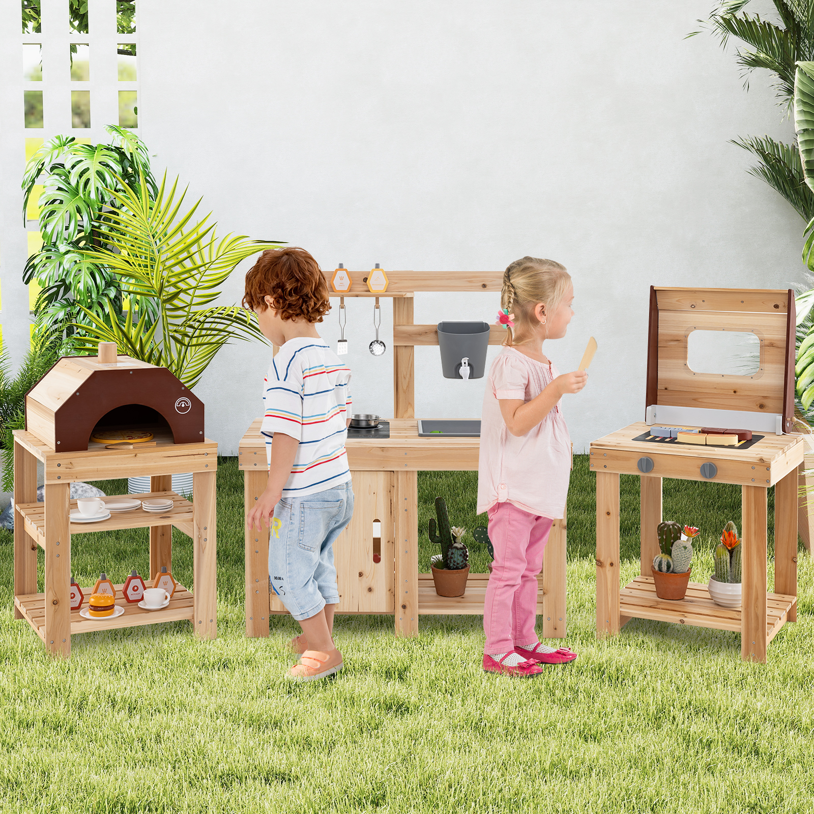 3-teiliges Outdoor-Küchenset Matschküche aus Holz BBQ-Grill und Pizzaofen mit Wasserkasten