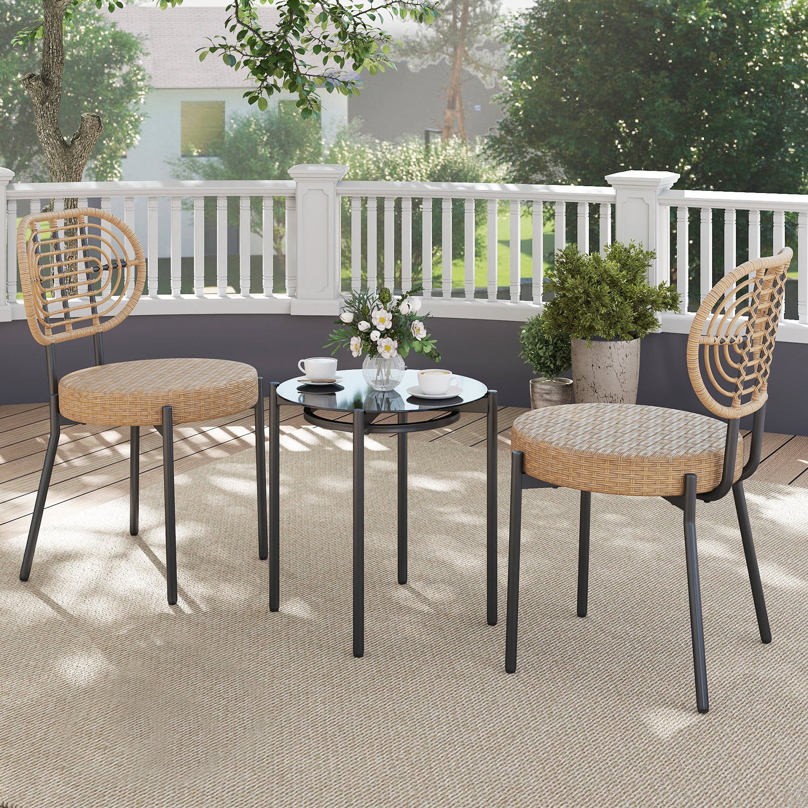 3-teiliges PE-Rattan Outdoor Bistro-Set Patio-Gesprächsset mit temperiertem Glas-Couchtisch Braun
