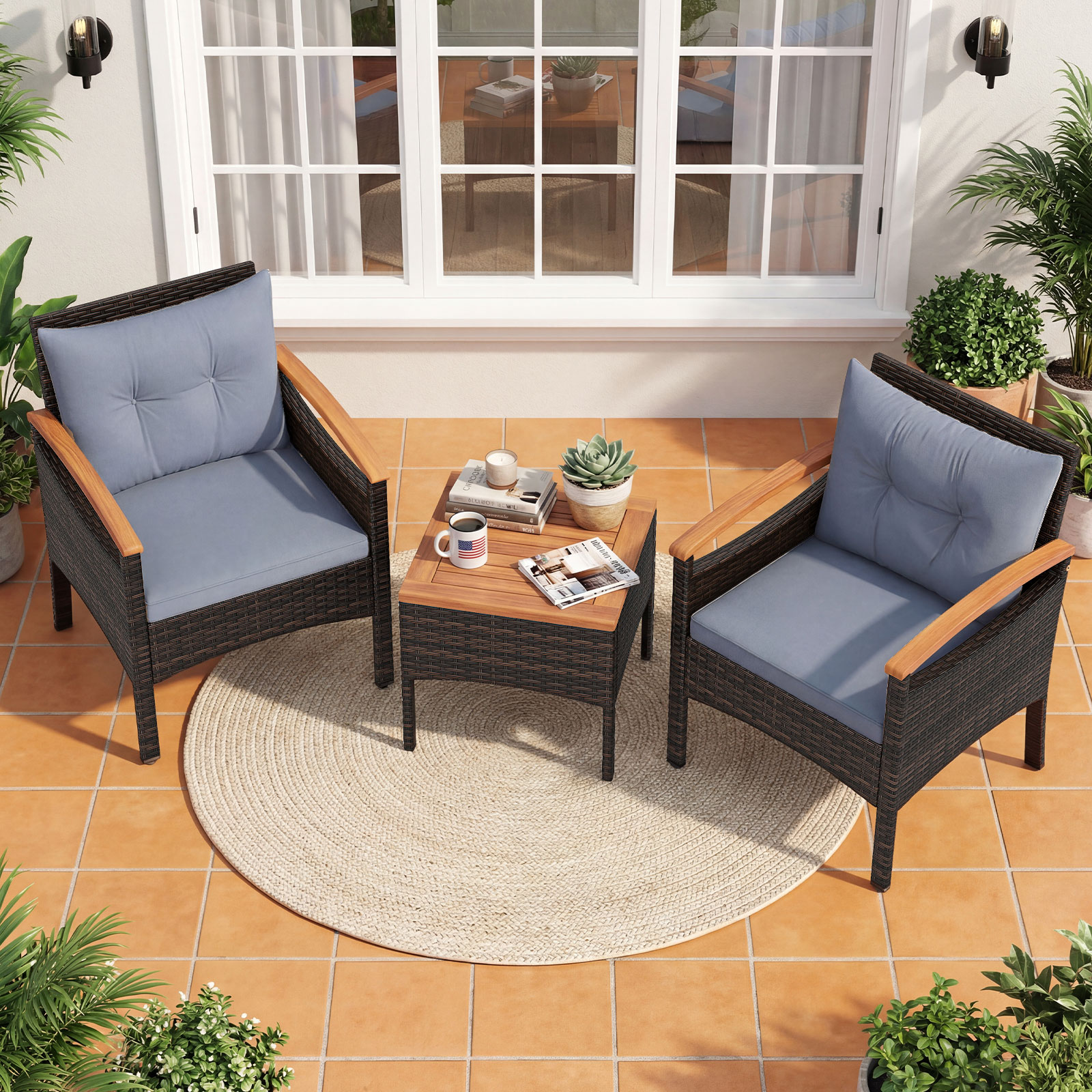 3tlg. Rattan Sitzgruppe Set mit 2 Sessel & 1 Beistelltisch Sitzgarnitur mit Akazienholzplatte & Sitzkissen Grau
