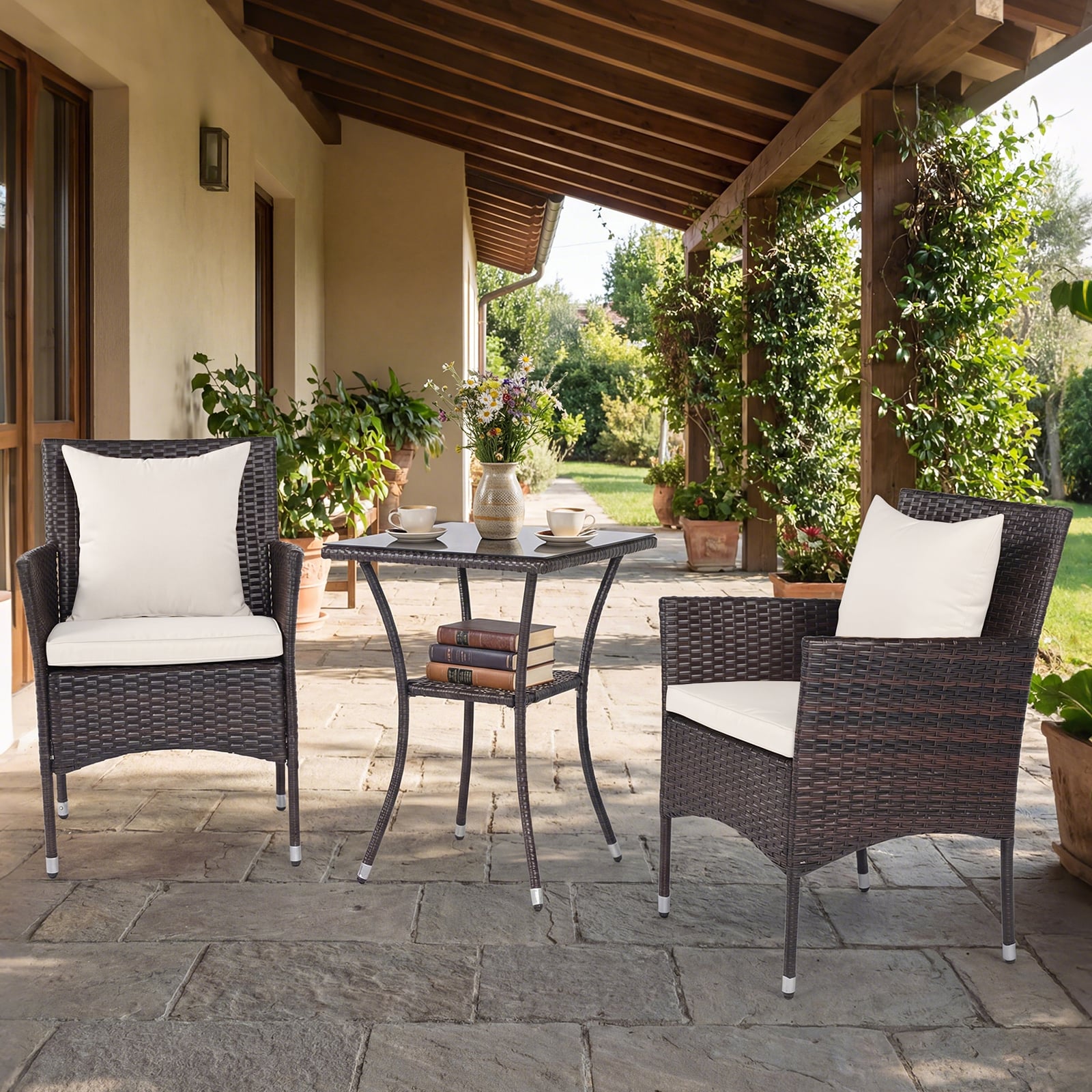 3 Teilig Gartenmöbel Set 2 Rattanstühle Glas Tisch Kissen Outdoor für Garten Veranda Poolbereich Off-White