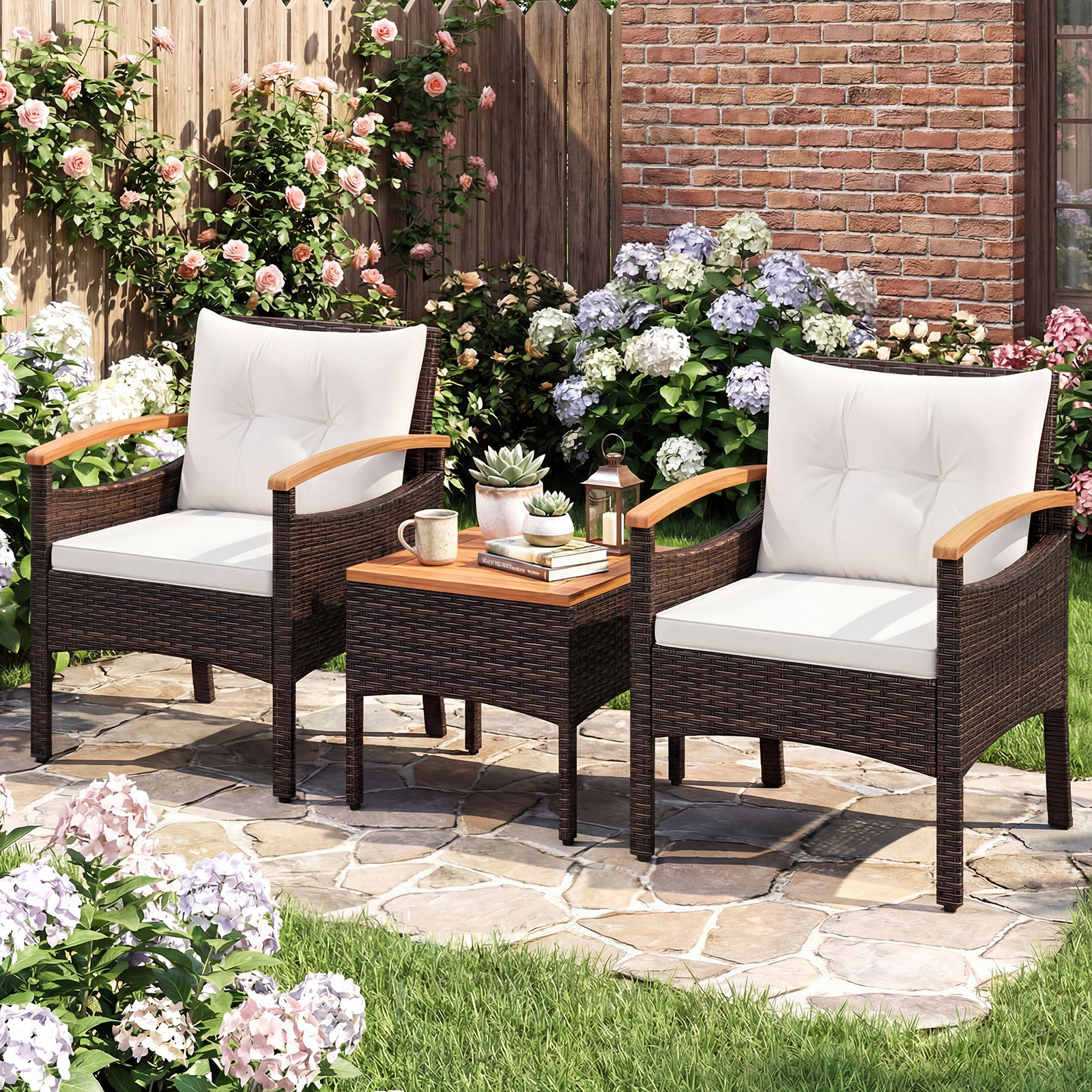 3tlg. Rattan Sitzgruppe Set mit 2 Sessel & 1 Beistelltisch Sitzgarnitur mit Akazienholzplatte & Sitzkissen Beige