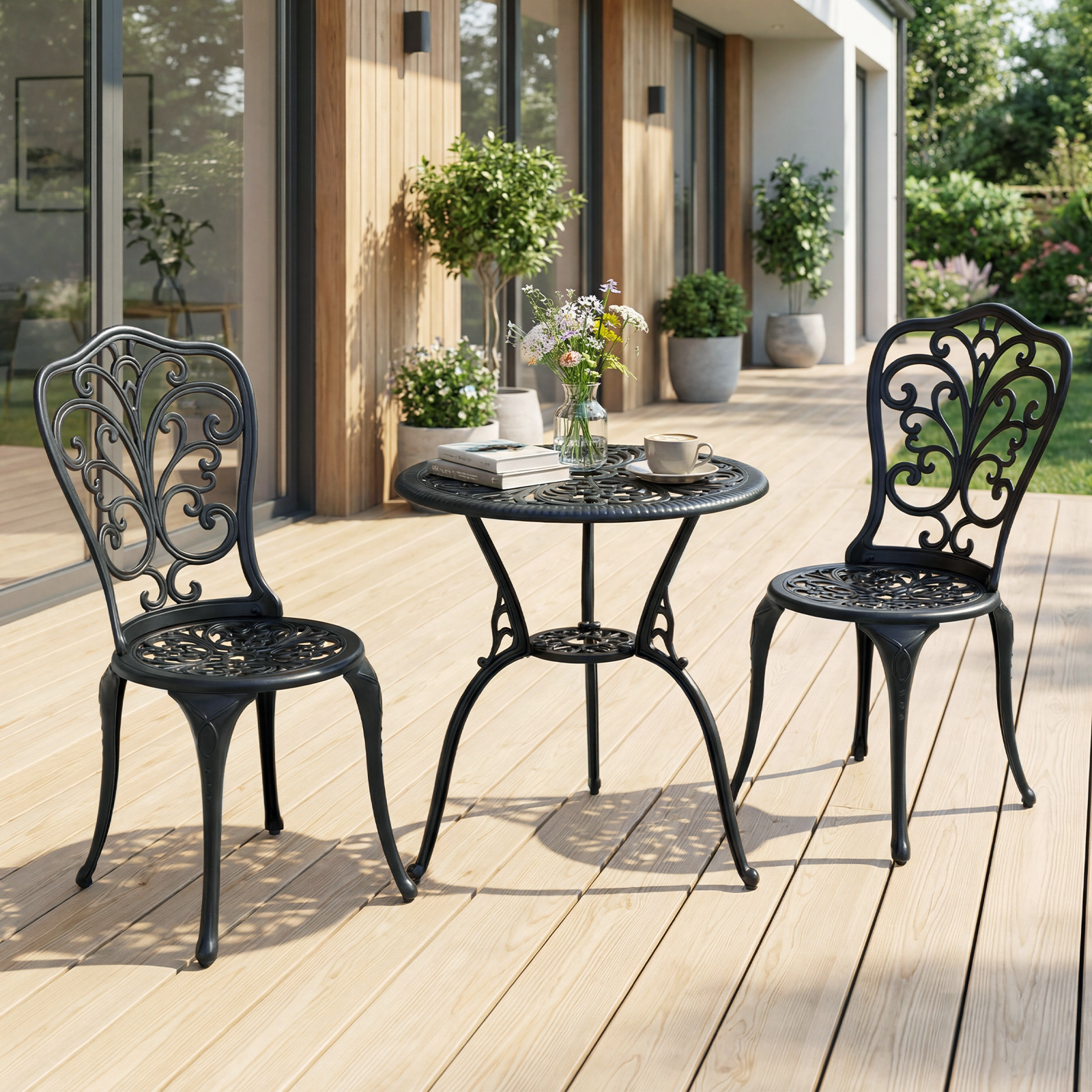 3 tlg. Bistroset inkl. Bistrotisch & 2 Stühle Gartengarnitur aus Aluminiumguss Sitzgruppe Balkonset