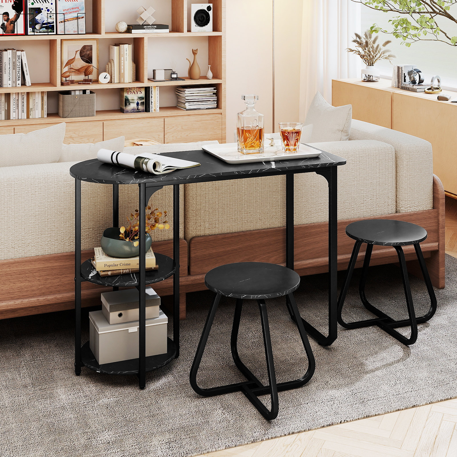 3 tlg. Industrial Esstisch-Set mit Holz-Metall Küchentisch & 2 Hocker Platzsparendes Bistro-Set Schwarz