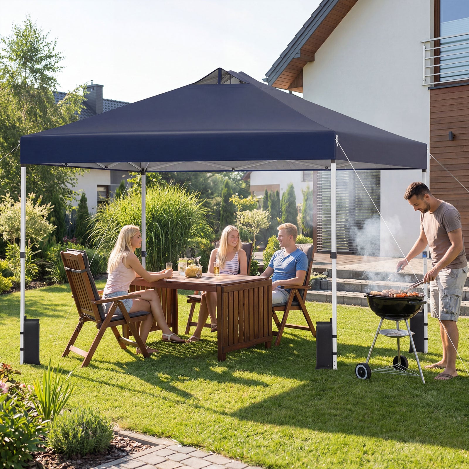 3 x 3 m Pop-Up Pavillon mit 4 Sandsäcken & Heringen & Seilen Faltpavillon Gartenpavillon Blau