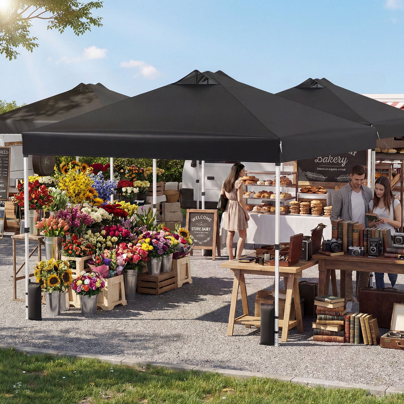 3 x 3 m Pop-Up Pavillon mit 4 Sandsäcken & Heringen & Seilen Faltpavillon Gartenpavillon Schwarz