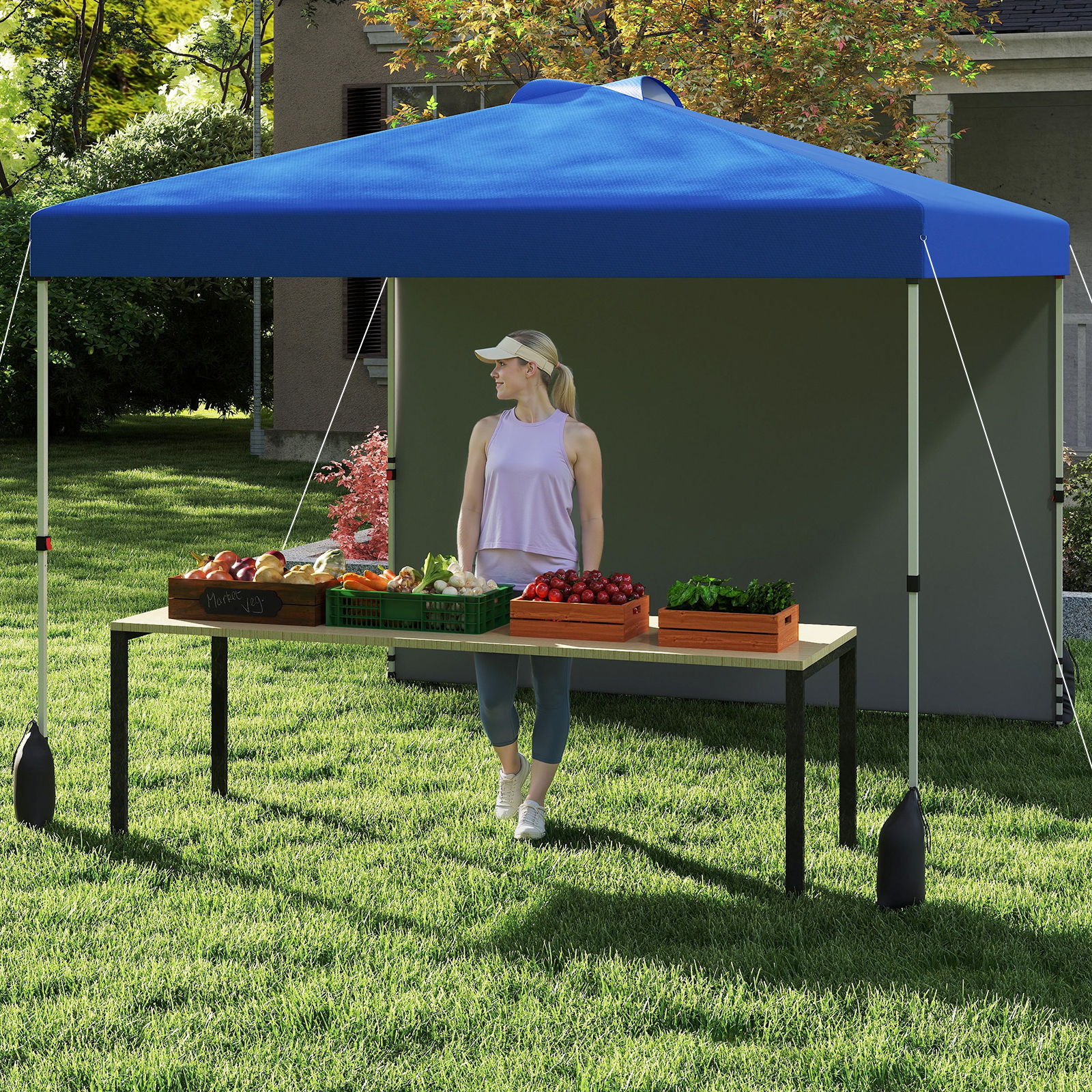 3 x 3 m Pop-up-Pavillon mit Seitenwand Tragbarer Gartenpavillon inkl. Schattenspender mit Rolltasche Blau