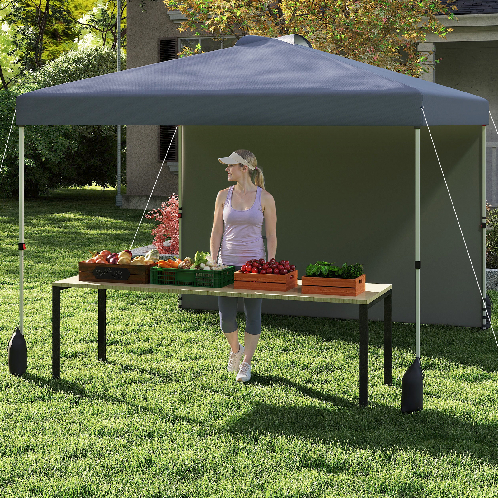 3 x 3 m Pop-up-Pavillon mit Seitenwand tragbarer Gartenpavillon inkl. Schattenspender mit Rolltasche Grau