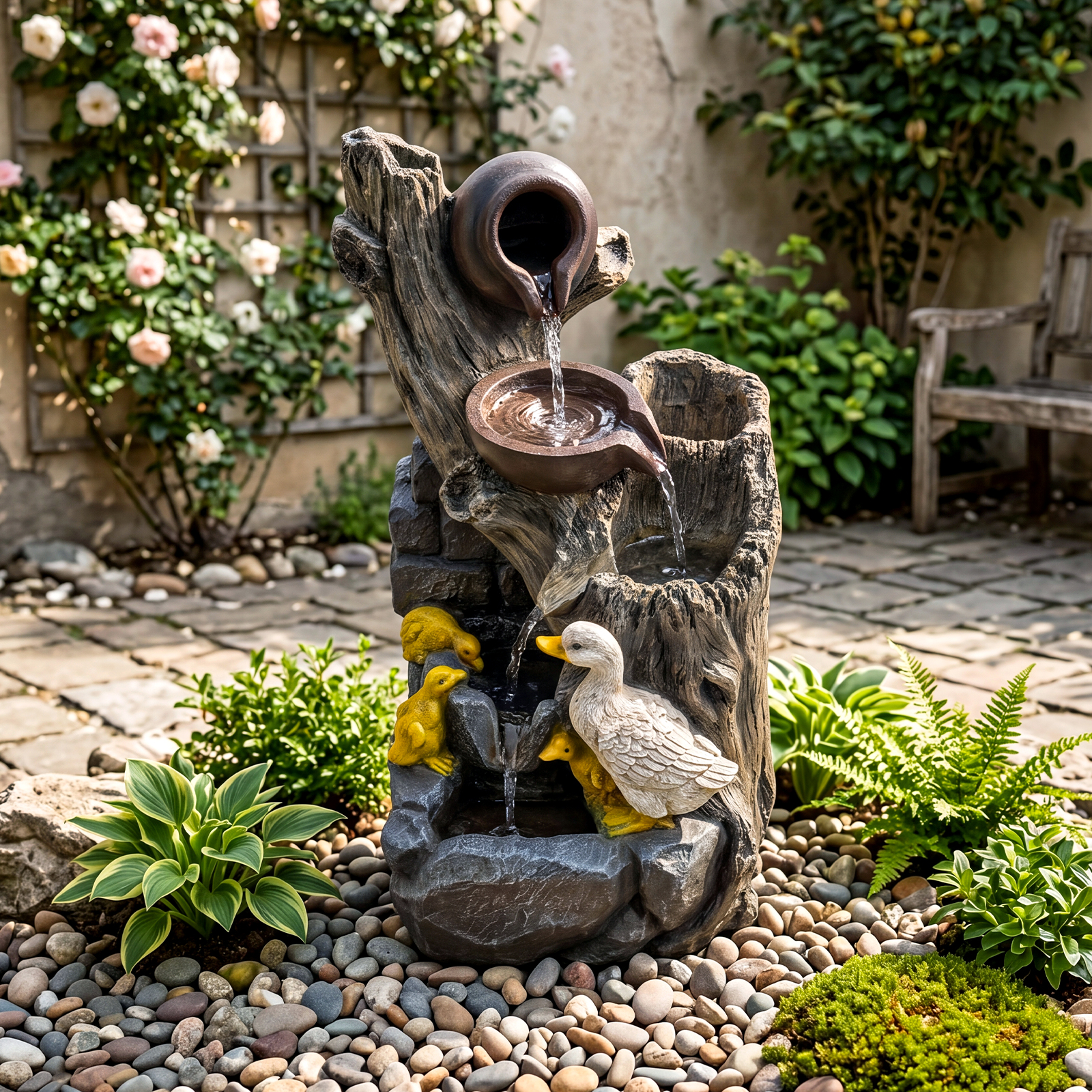 4-Stufiger Gartenbrunnen mit LED-Beleuchtung Dekorativer Zierbrunnen mit Entenmotiv 30 x 27 x 57 cm