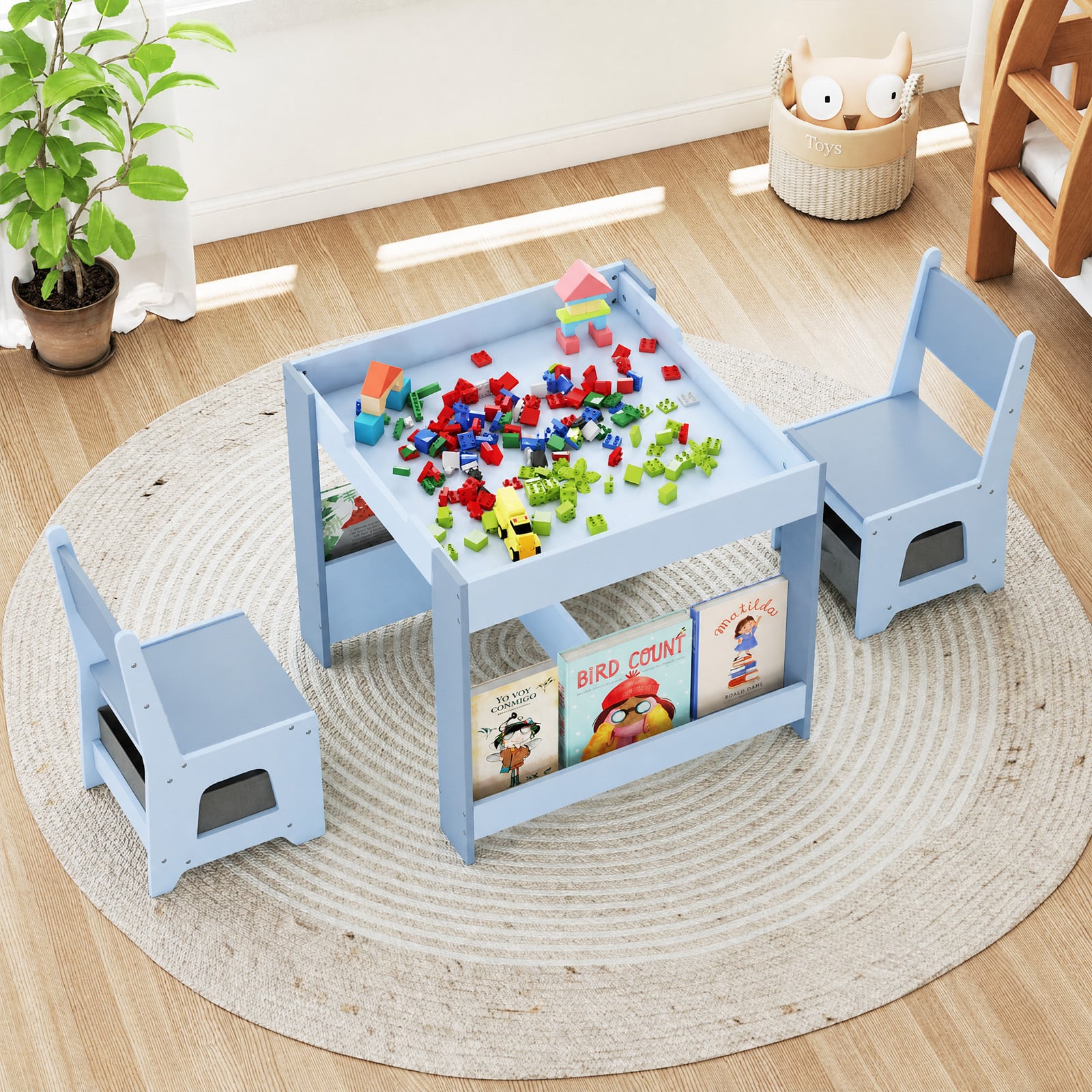 4 in 1 Kinder Tisch- & Stuhlset mit Wendem Tischplatte & Bücherregale Kindertisch-Set Blau