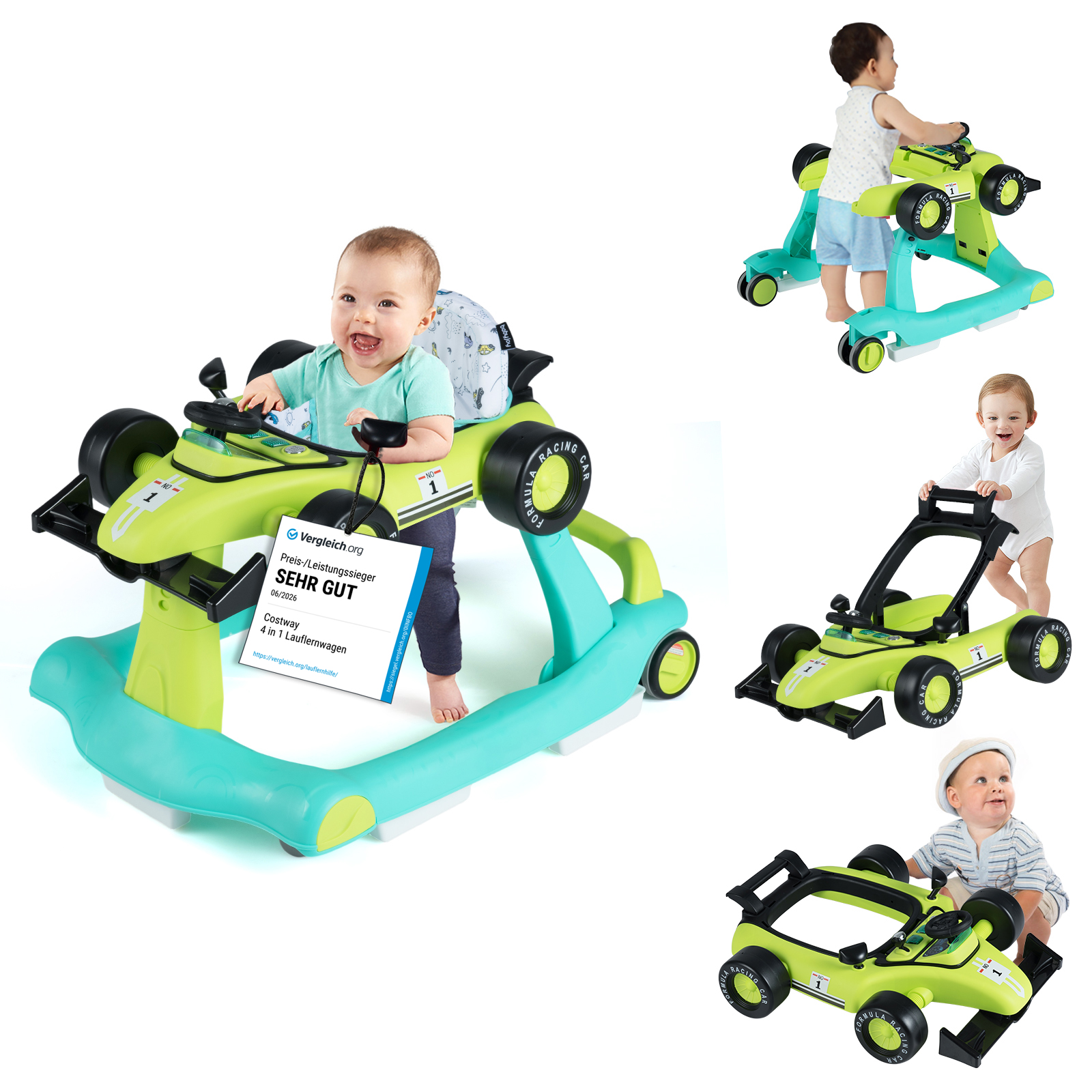4 in 1 Lauflernhilfe Lauflernwagen Klappbar mit Einstellbarer Höhe 15kg Belastbar Grün