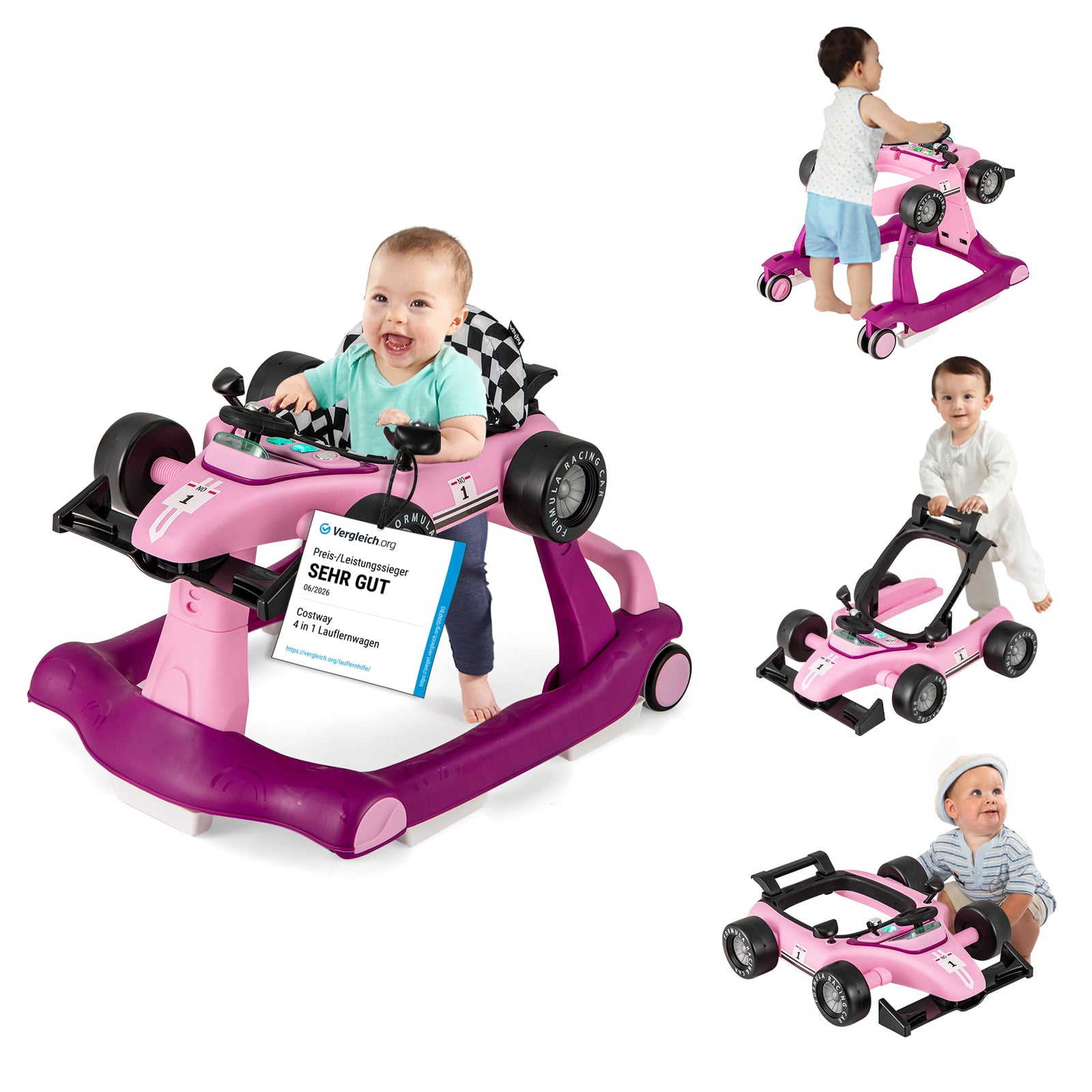 4 in 1 Lauflernhilfe Lauflernwagen klappbar mit Einstellbarer Höhe 15kg Belastbar Violett